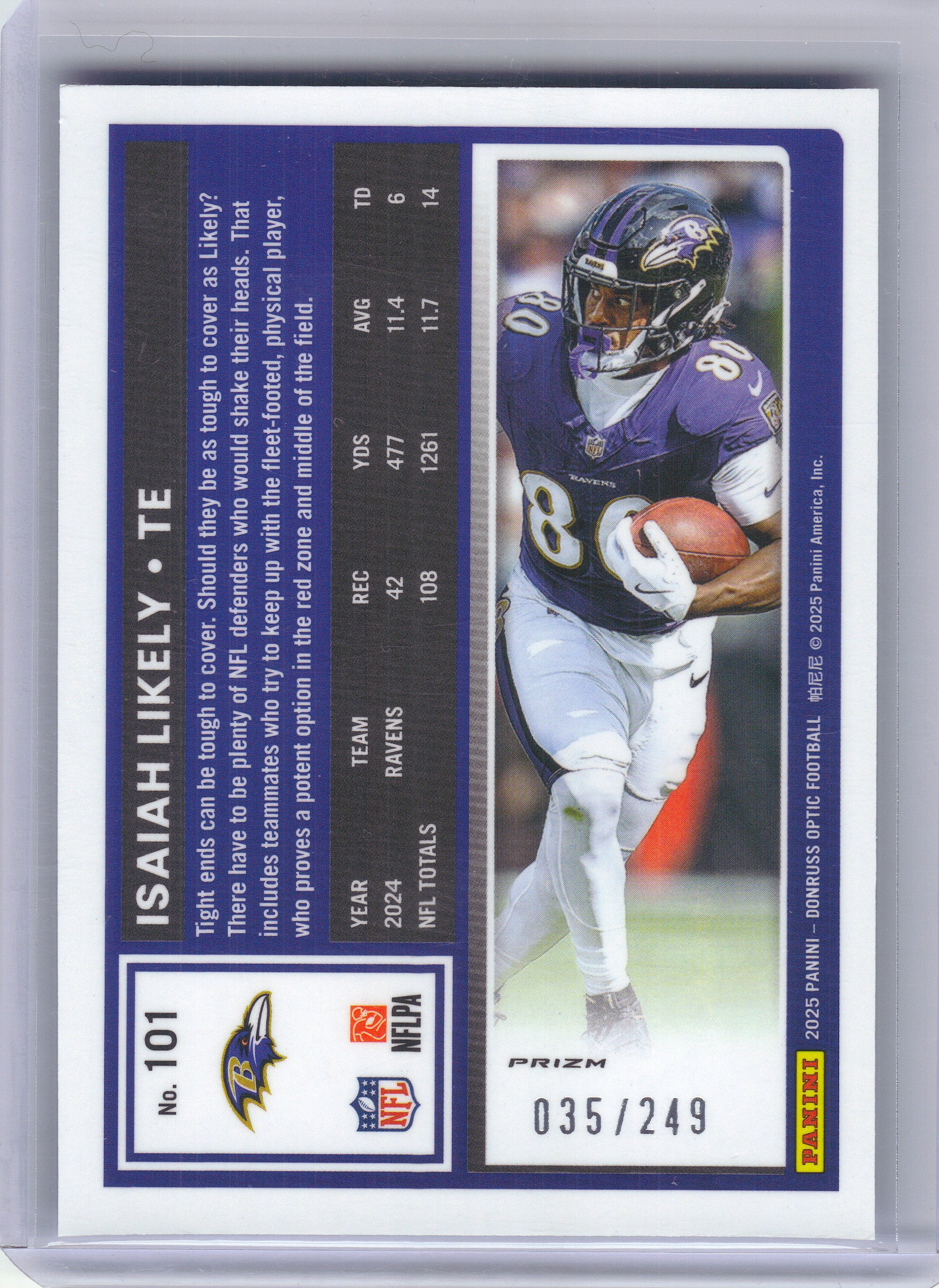 2025 Donruss Optic #101 Isaiah Likely Blue #/249 Baltimore Ravens SN