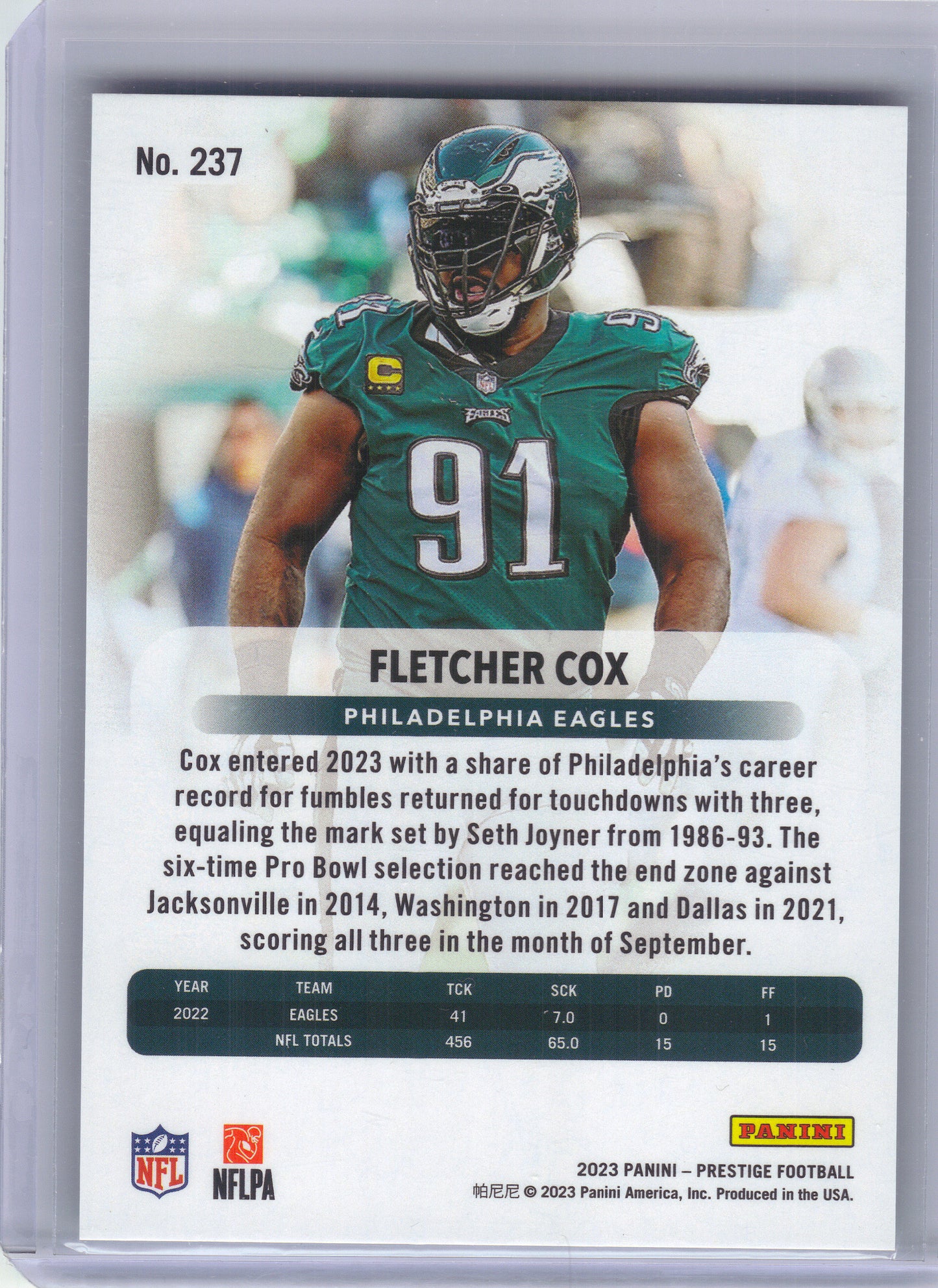 2023 Panini Prestige #237 Fletcher Cox Xtra Points Green #/199 Philadelphia Eagles SN