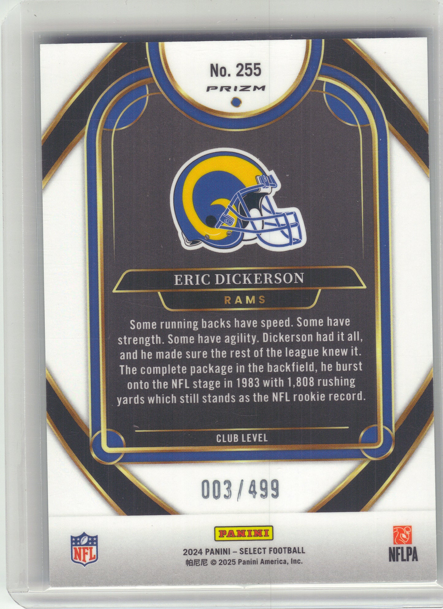 2024 Panini Select #255 Eric Dickerson Neon Green Prizm Shock #/499 Los Angeles Rams SN