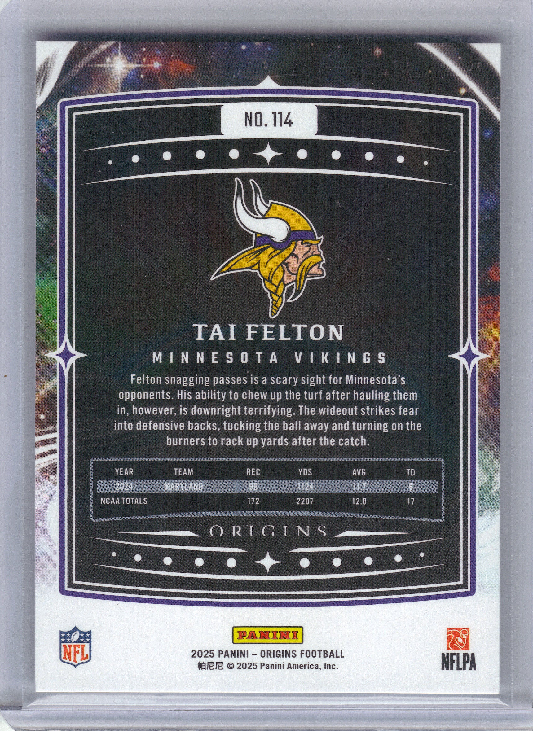 2025 Panini Origins #114 Tai Felton Holo Silver #/149 Minnesota Vikings SN,RC