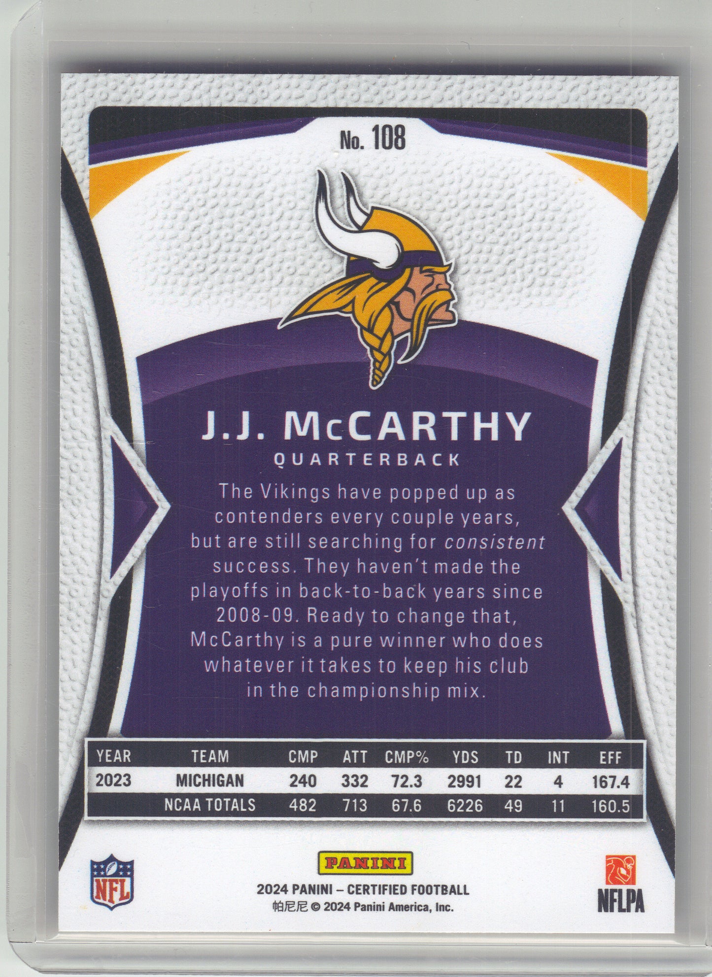2024 Panini Certified #108 J.J. McCarthy Mirror Orange #/150 Minnesota Vikings SN,RC