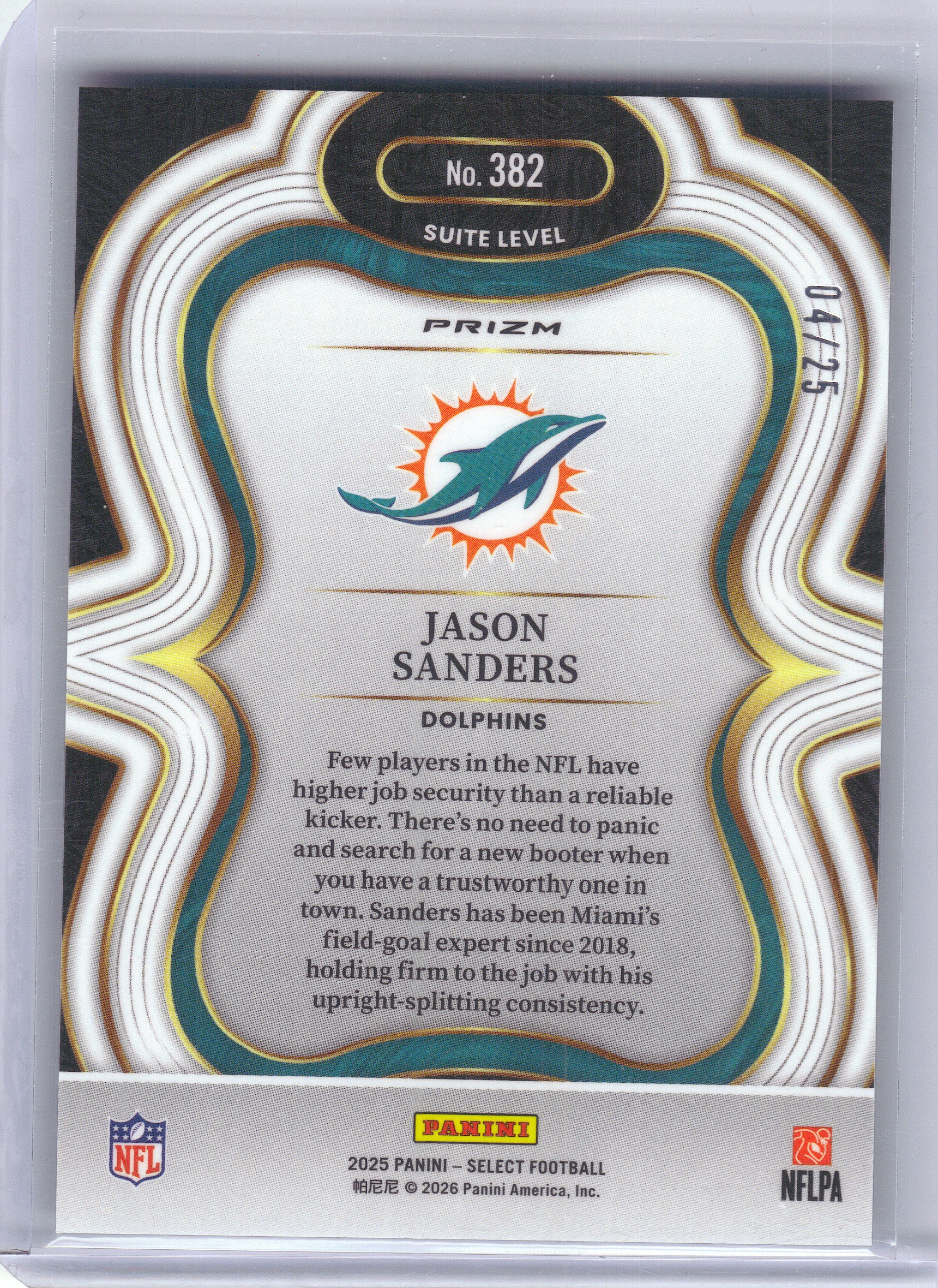 2025 Panini Select #382 Jason Sanders Tie-Dye Prizm #/25 Miami Dolphins SN