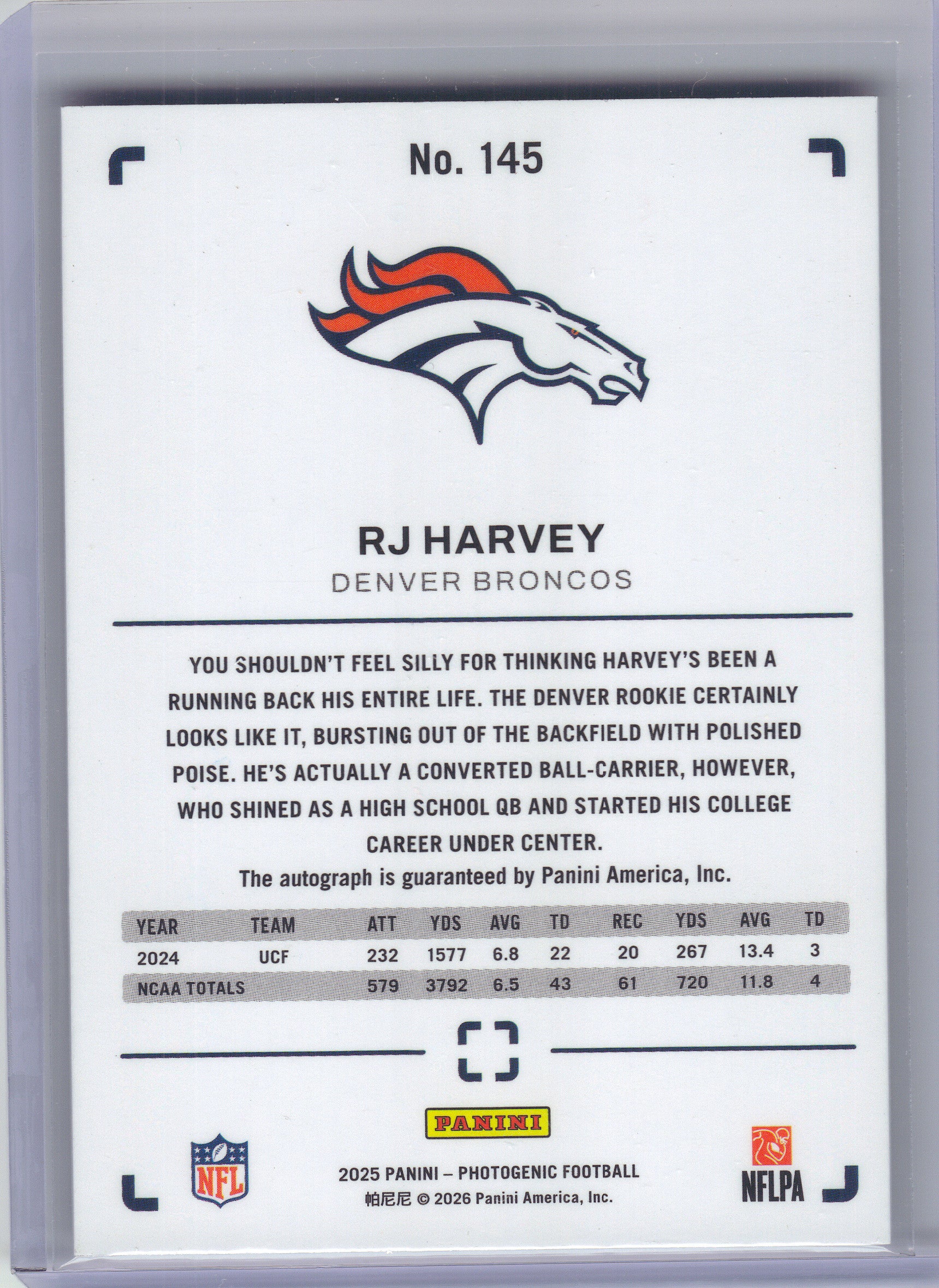 2025 Panini Photogenic #145 RJ Harvey Autographs Silver #/15 Denver Broncos SN,RC,AU