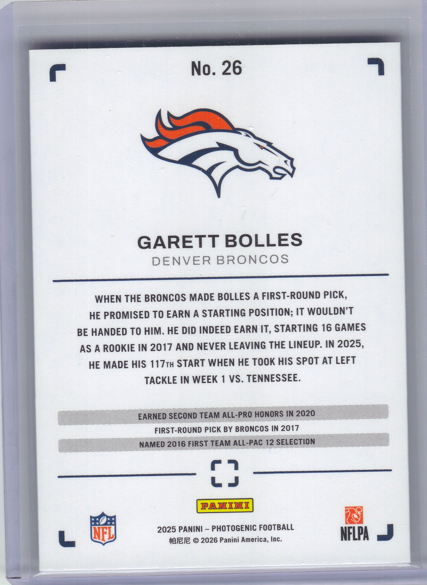 2025 Panini Photogenic #26 Garett Bolles Bronze #/150 Denver Broncos SN