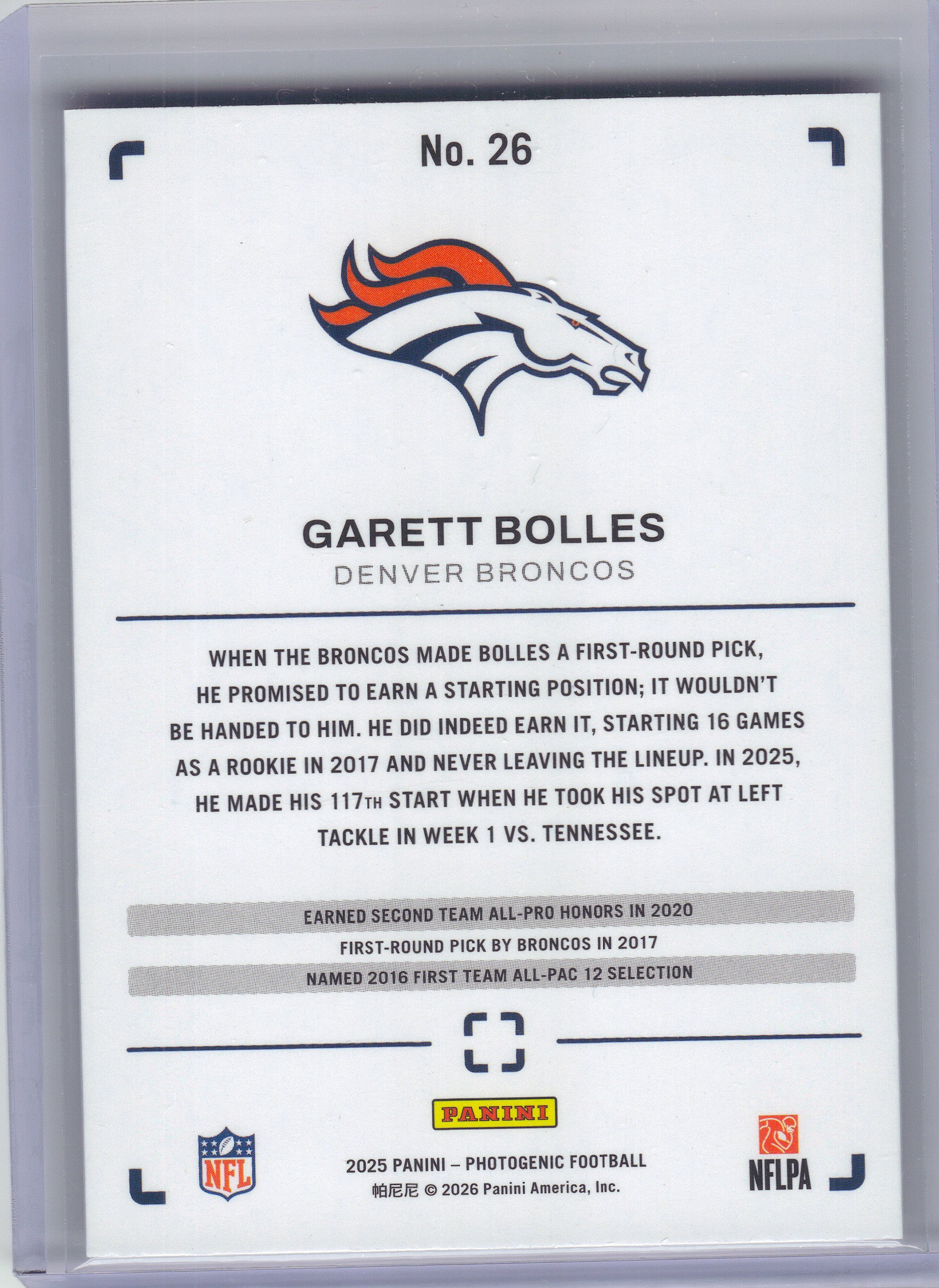 2025 Panini Photogenic #26 Garett Bolles Bronze #/150 Denver Broncos SN