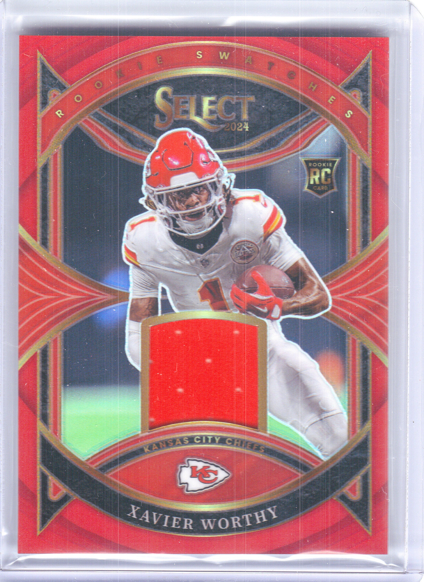 2024 Panini Select #RS-XWY Xavier Worthy Rookie Swatches Red Prizm Color Match Kansas City Chiefs MEM