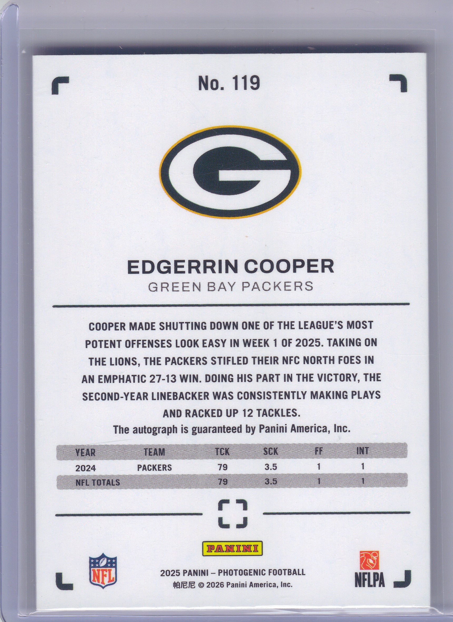 2025 Panini Photogenic #119 Edgerrin Cooper Autographs Gold #/10 Green Bay Packers SN,AU