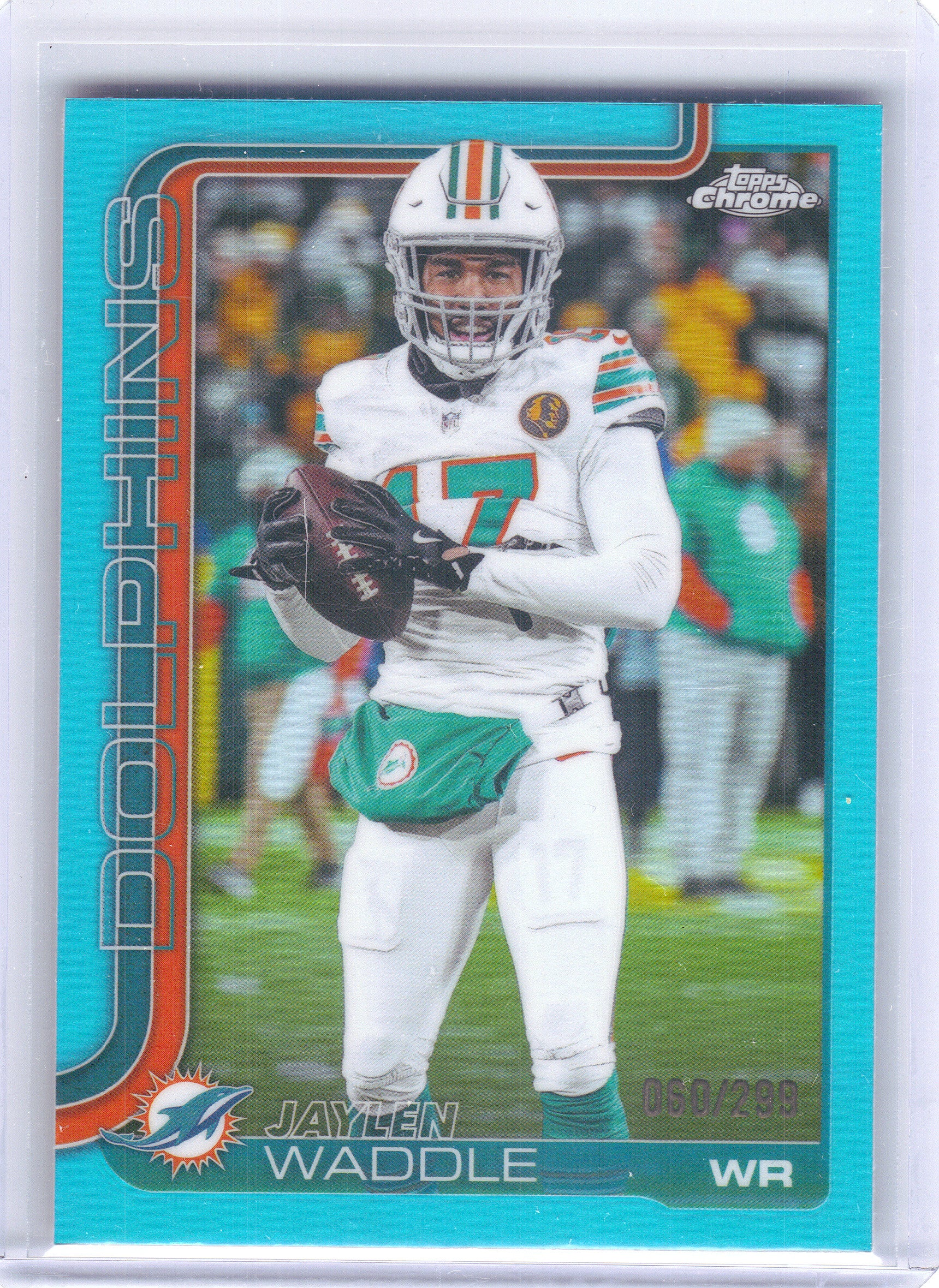 2025 Topps Chrome #186 Jaylen Waddle Teal Refractor #/299 Miami Dolphins SN