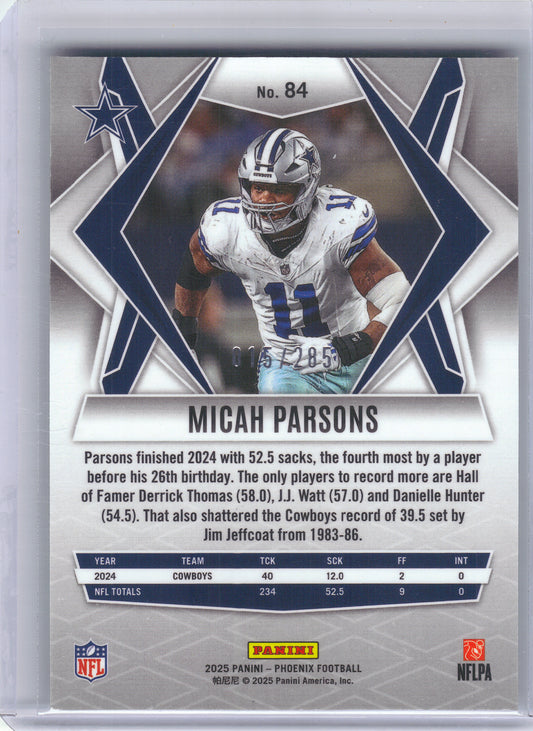 2025 Panini Phoenix #84 Micah Parsons Lime Green Pyramids Prizm #/285 Dallas Cowboys SN