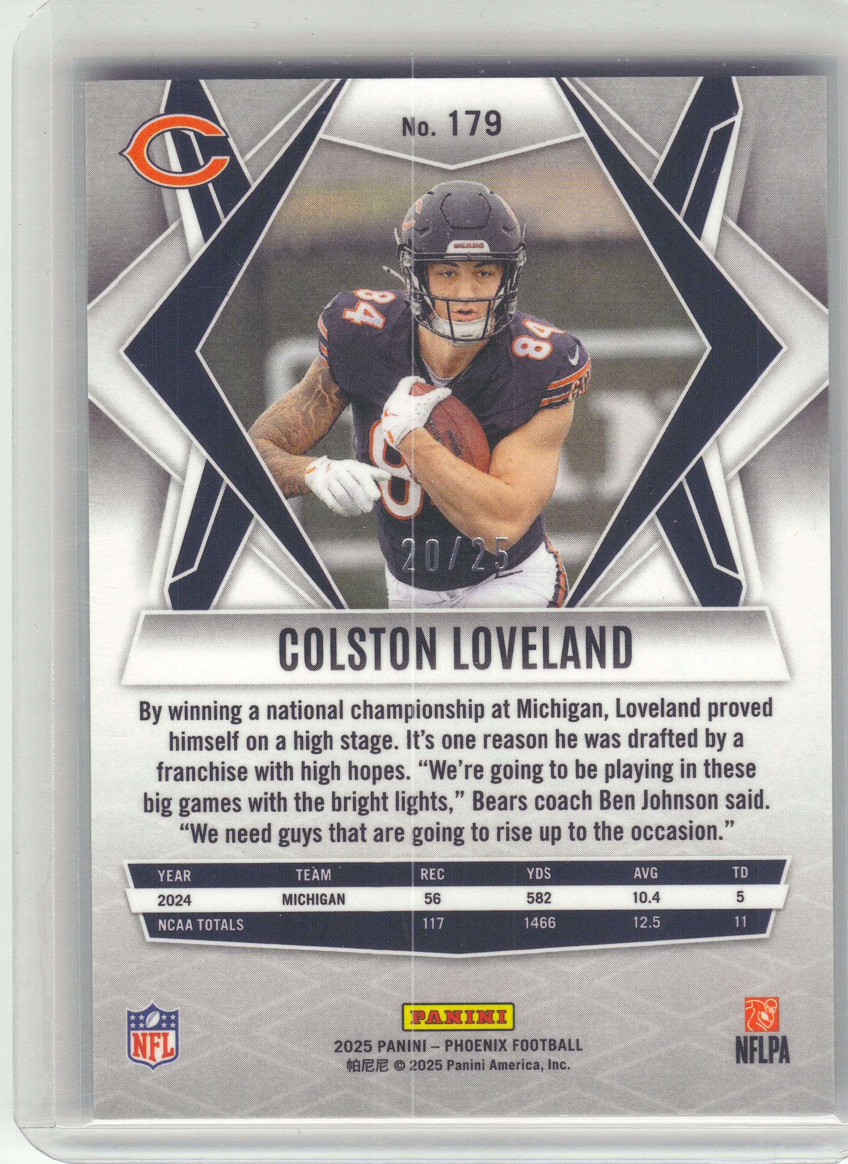 2025 Panini Phoenix #179 Colston Loveland Ash Mojo Prizm #/25 Chicago Bears SN,RC