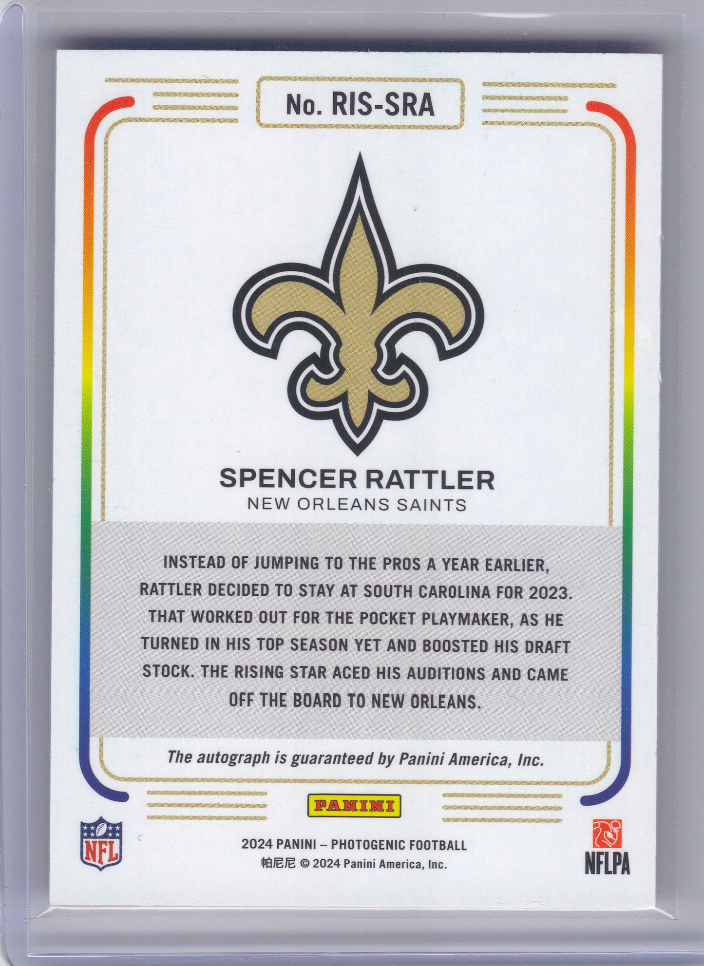 2024 Panini Photogenic #RIS-SRA Spencer Rattler Rookie Instants Signatures Blue #/25 New Orleans Saints SN,AU