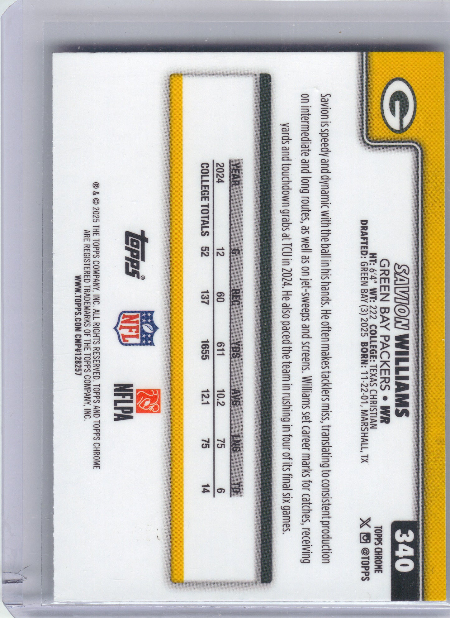 2025 Topps Chrome #340 Savion Williams Aqua Wave Refractor #/199 Green Bay Packers SN,RC