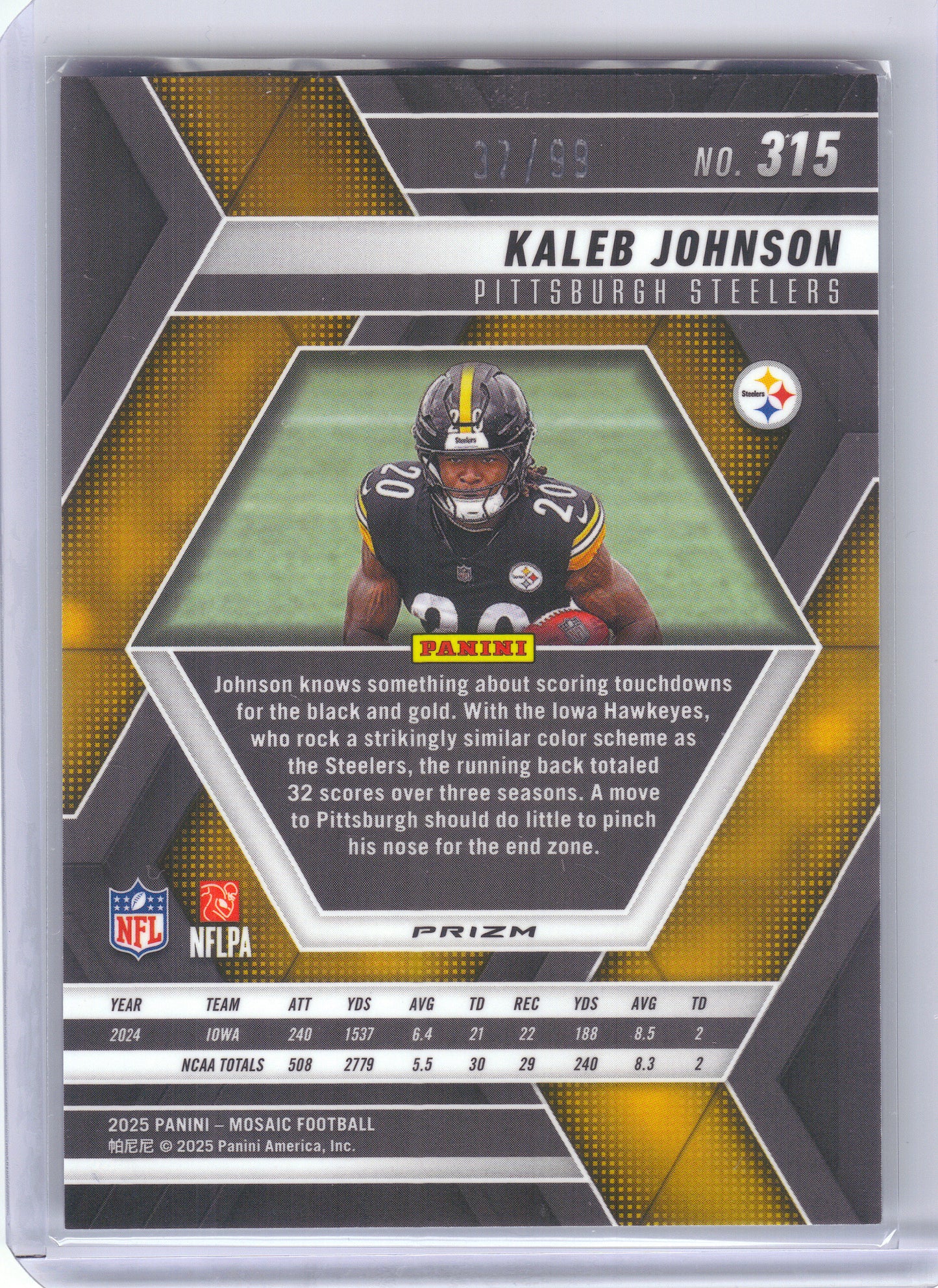 2025 Panini Mosaic #315 Kaleb Johnson Mosaic Blue #/99 Pittsburgh Steelers SN,RC