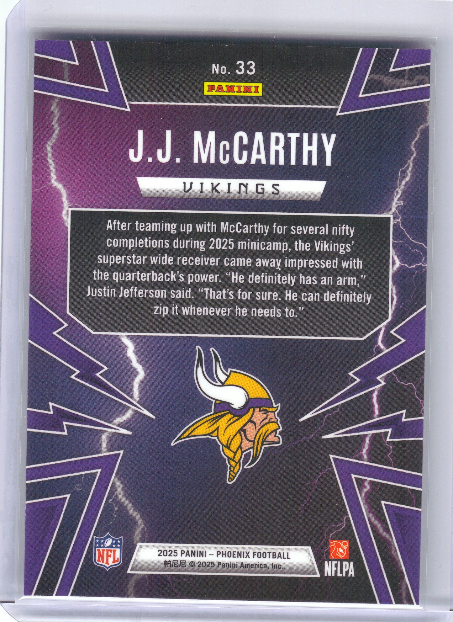 2025 Panini Phoenix #33 J.J. McCarthy Thunderbirds Minnesota Vikings