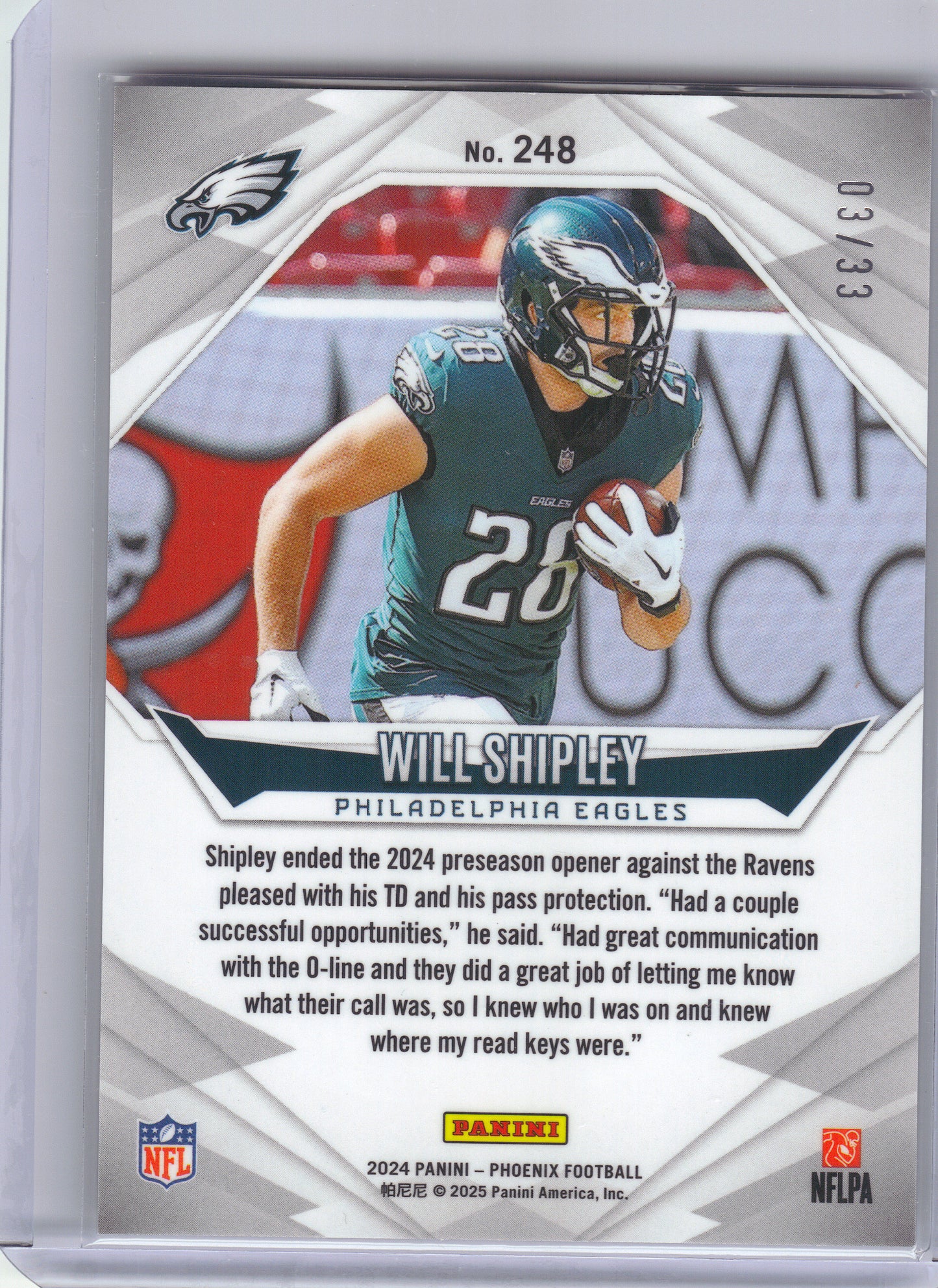 2024 Panini Phoenix #248 Will Shipley Bronze Pandora #/33 Philadelphia Eagles SN,RC