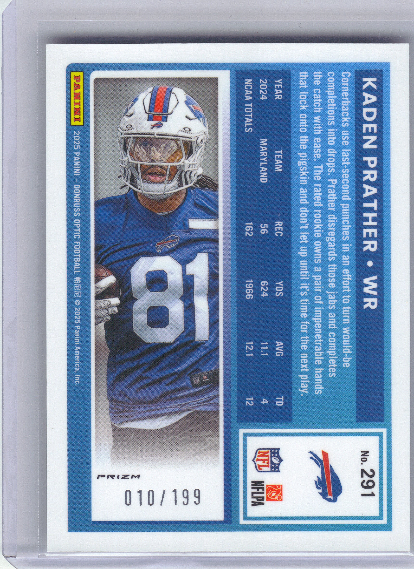 2025 Donruss Optic #291 Kaden Prather Flex #/199 Buffalo Bills SN,RC