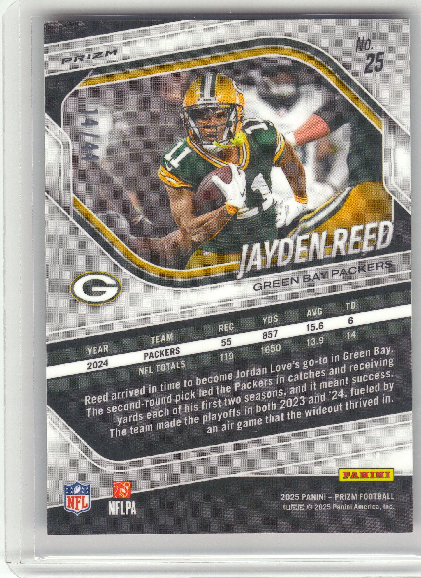 2025 Panini Prizm #25 Jayden Reed Red and Yellow #/44 Green Bay Packers SN