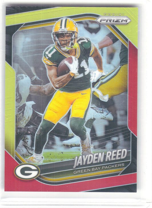 2025 Panini Prizm #25 Jayden Reed Red and Yellow #/44 Green Bay Packers SN