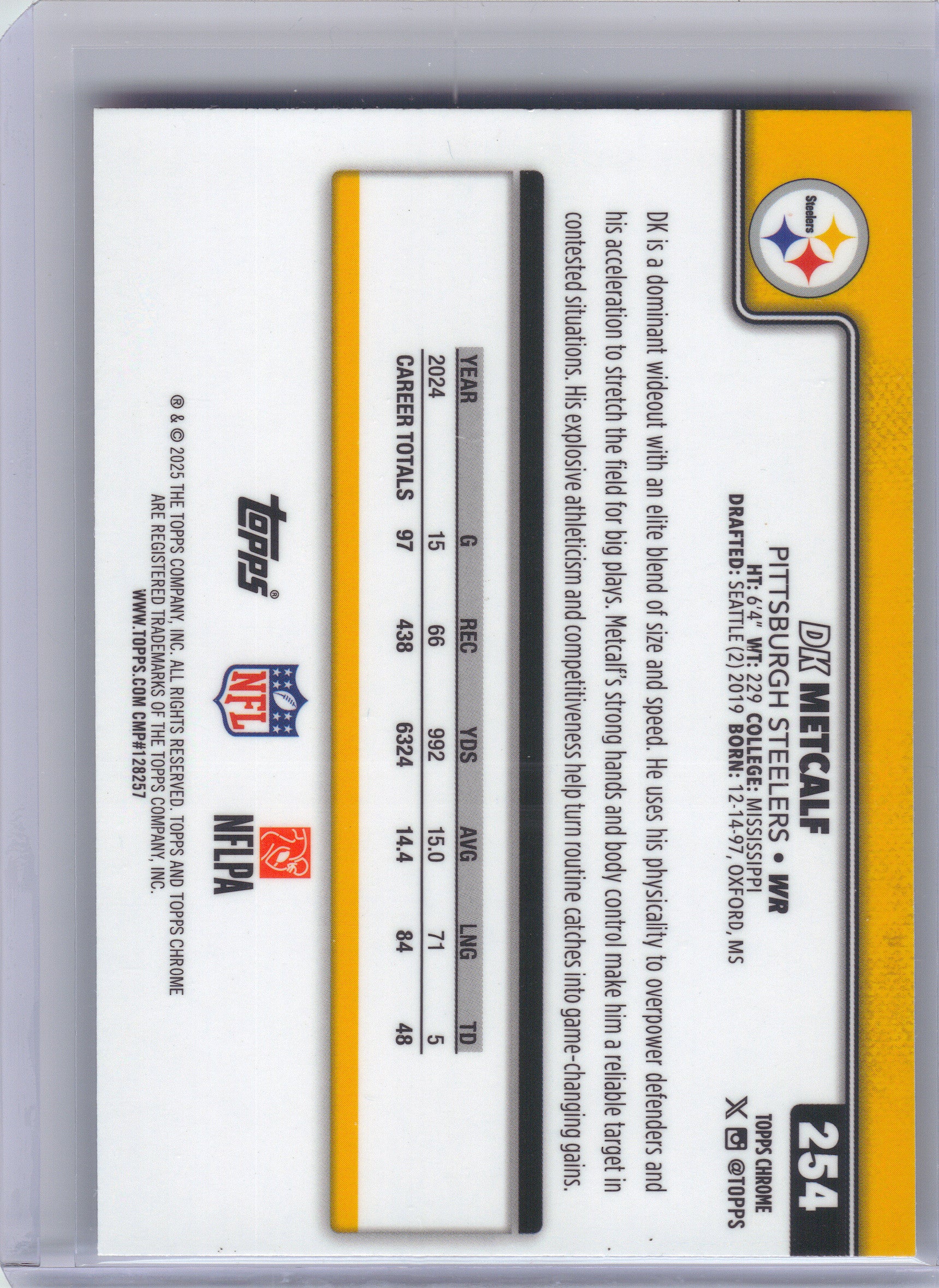 2025 Topps Chrome #254 DK Metcalf Red White and Blue Refractor Pittsburgh Steelers