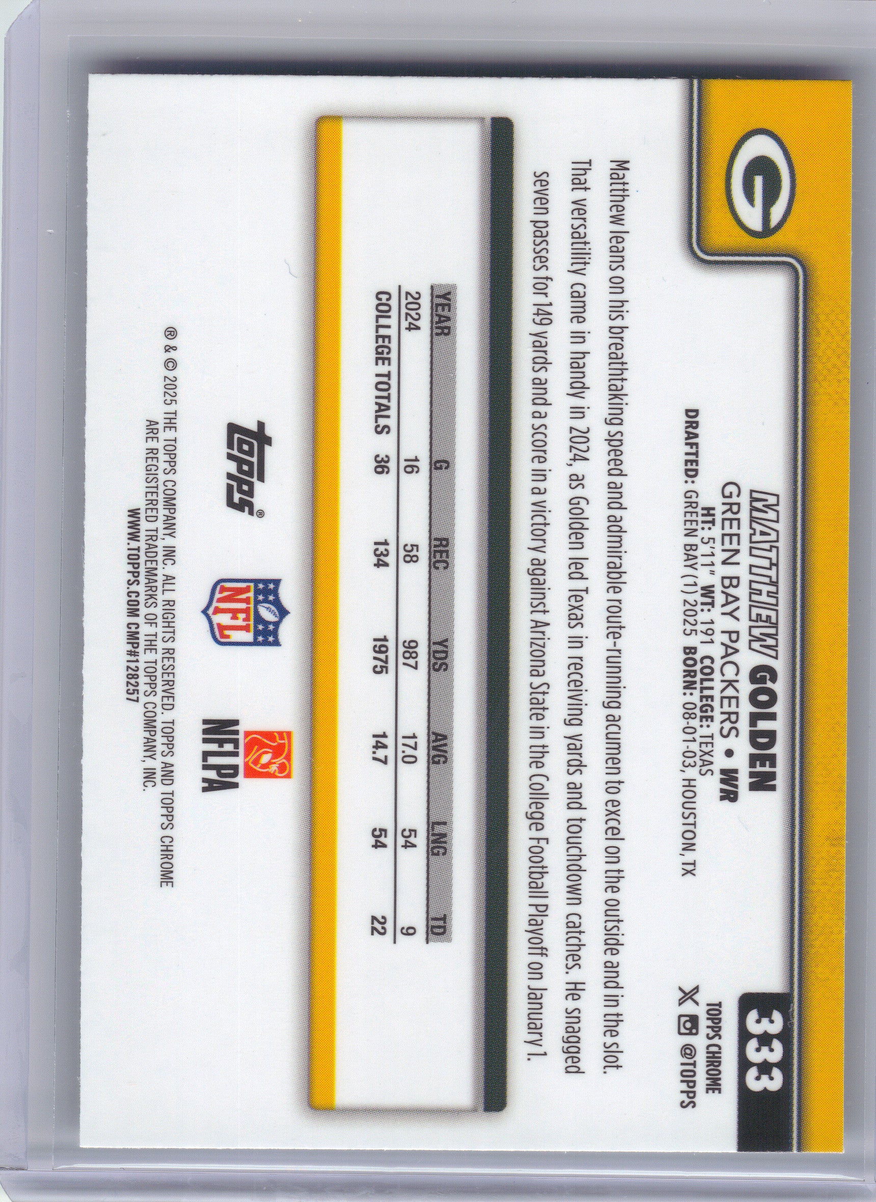 2025 Topps Chrome #333 Matthew Golden Green Bay Packers RC