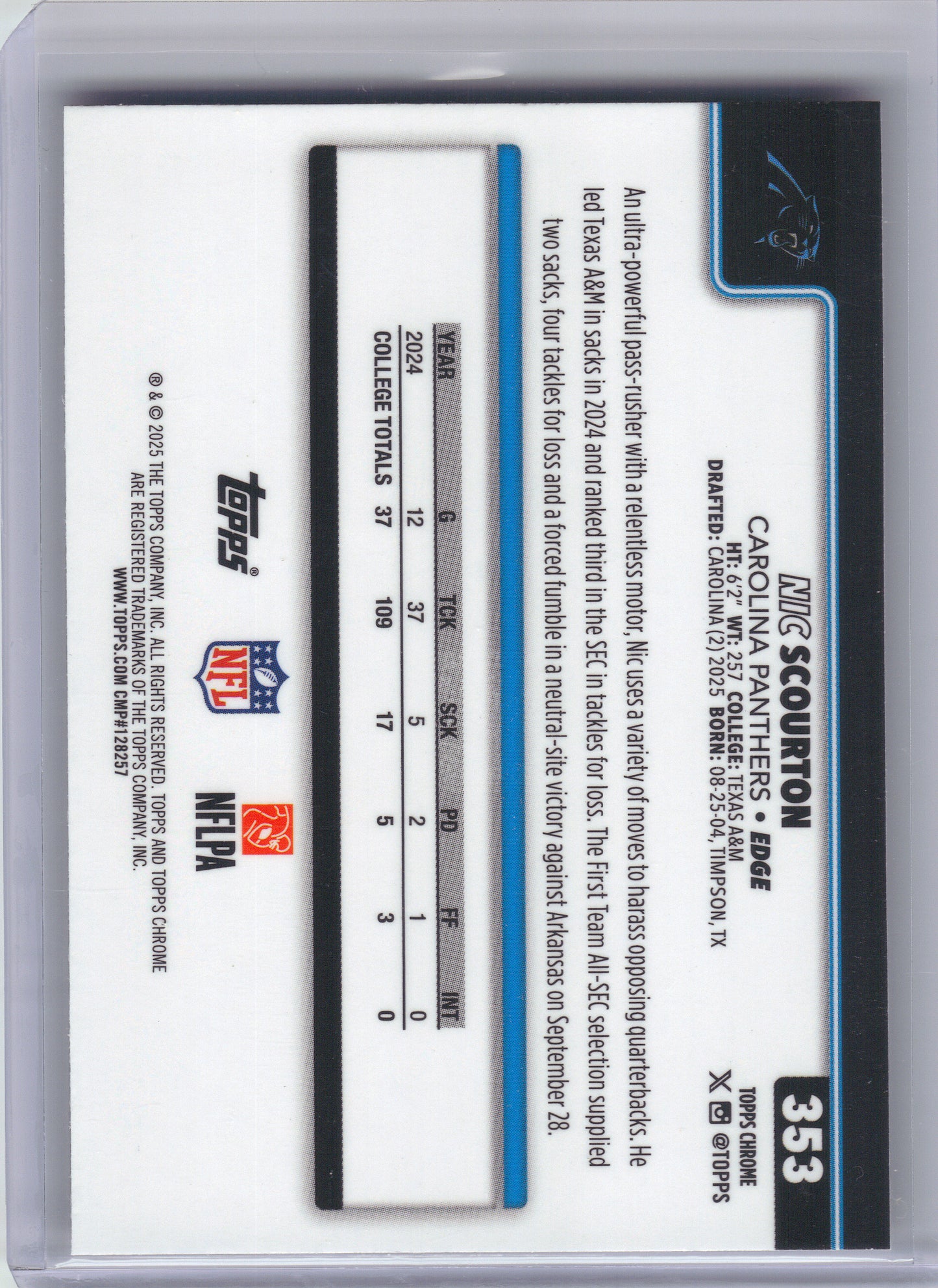 2025 Topps Chrome #353 Nic Scourton Football Leather Refractor Carolina Panthers RC