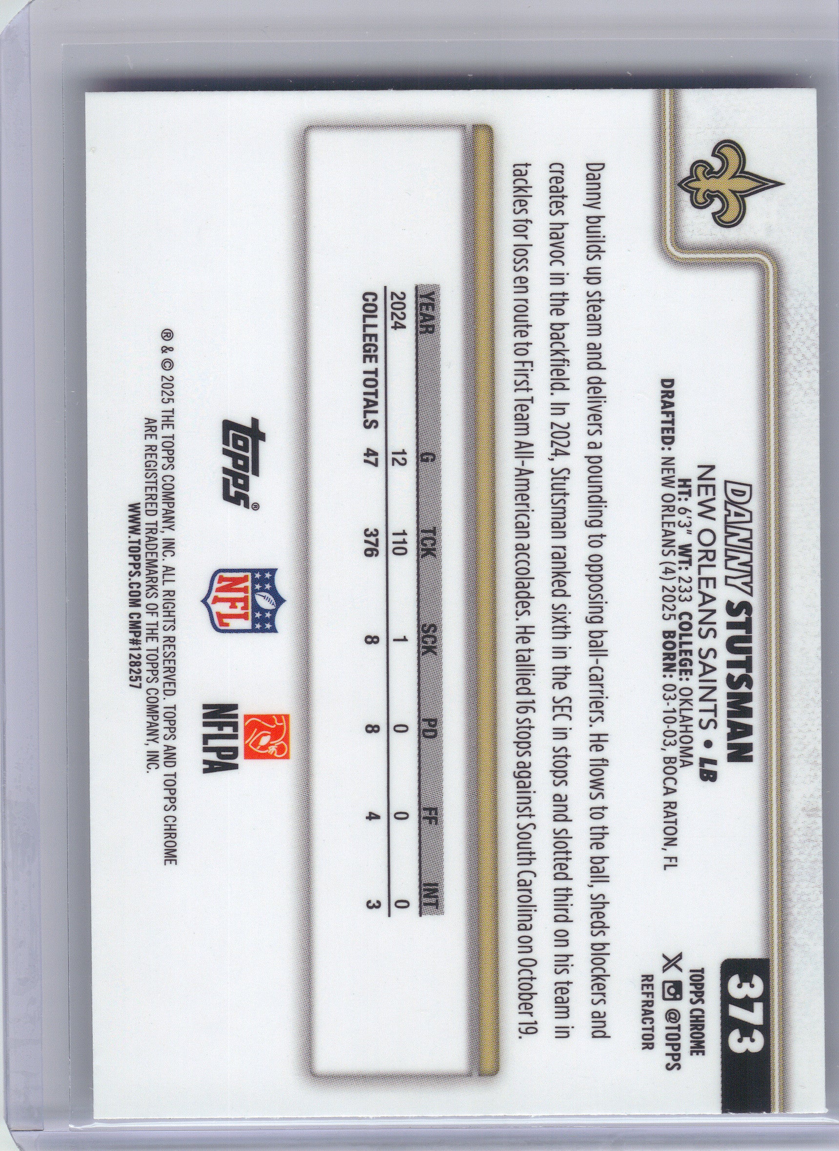 2025 Topps Chrome #373 Danny Stutsman Refractor New Orleans Saints RC