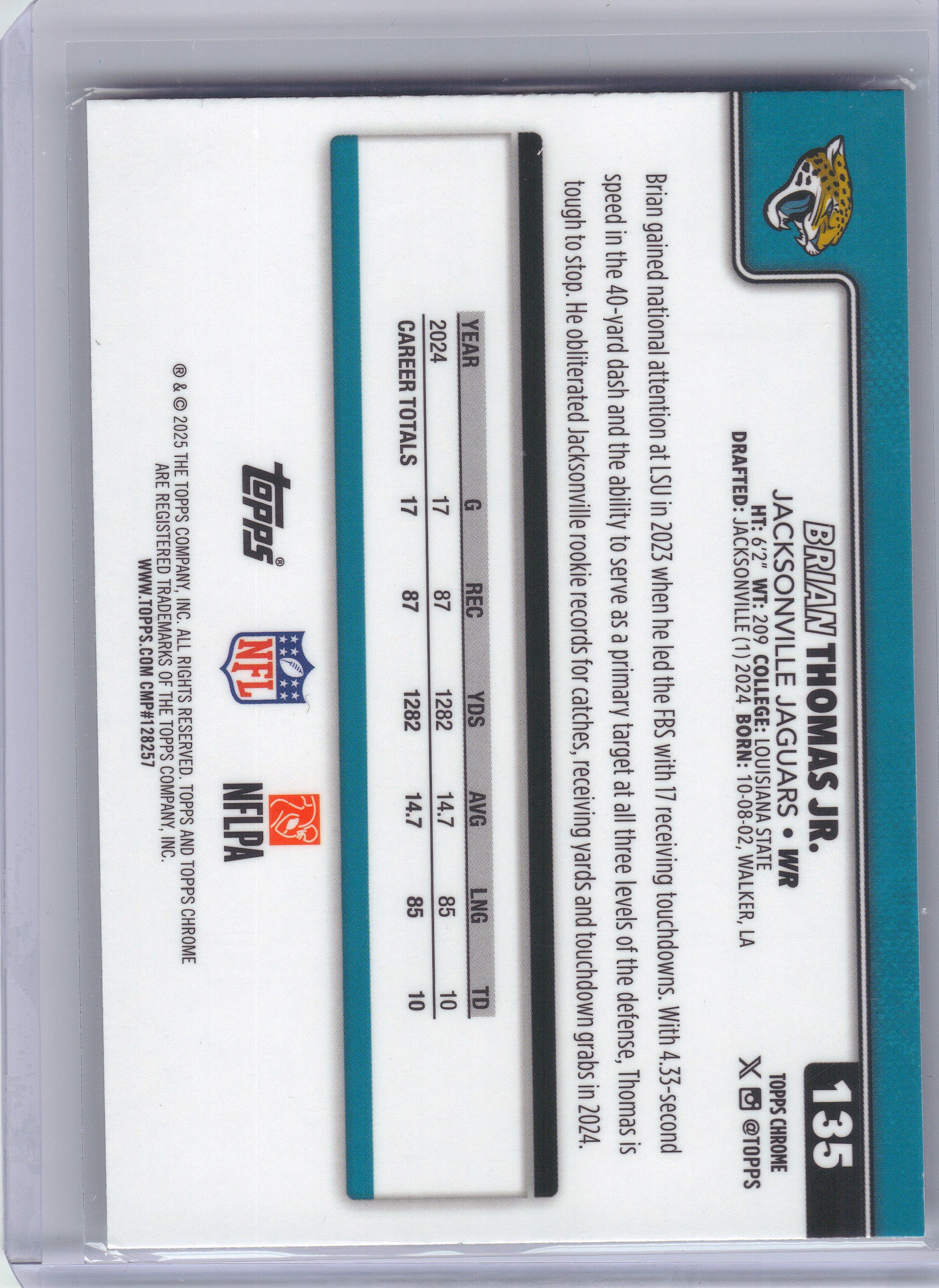 2025 Topps Chrome #135 Brian Thomas Jr. Ray Wave Refractor Jacksonville Jaguars