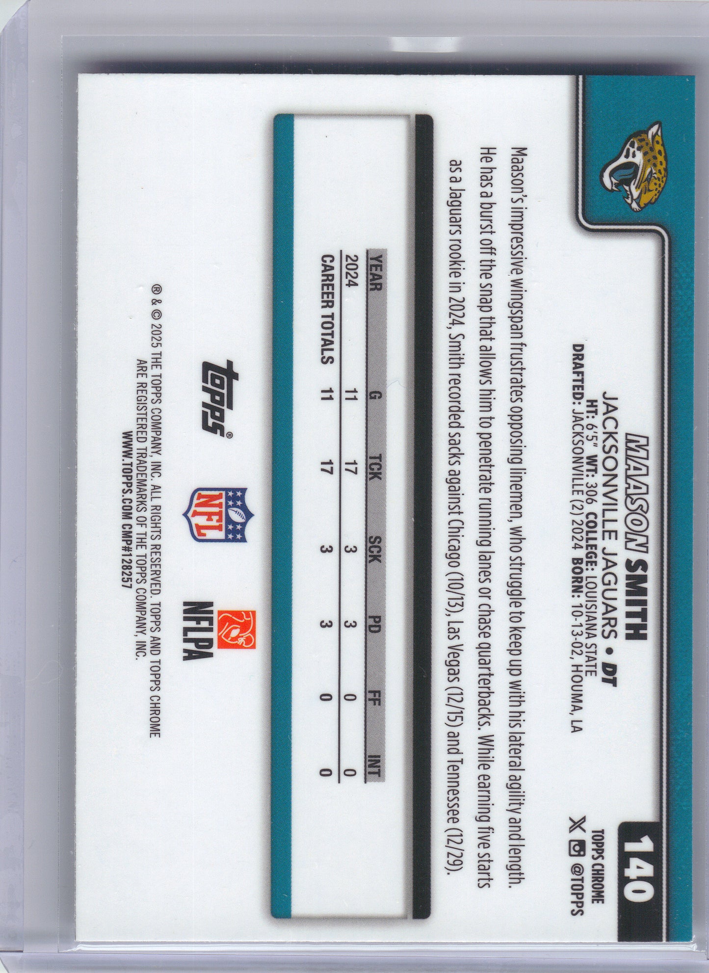 2025 Topps Chrome #140 Maason Smith Pulsar Refractor Jacksonville Jaguars