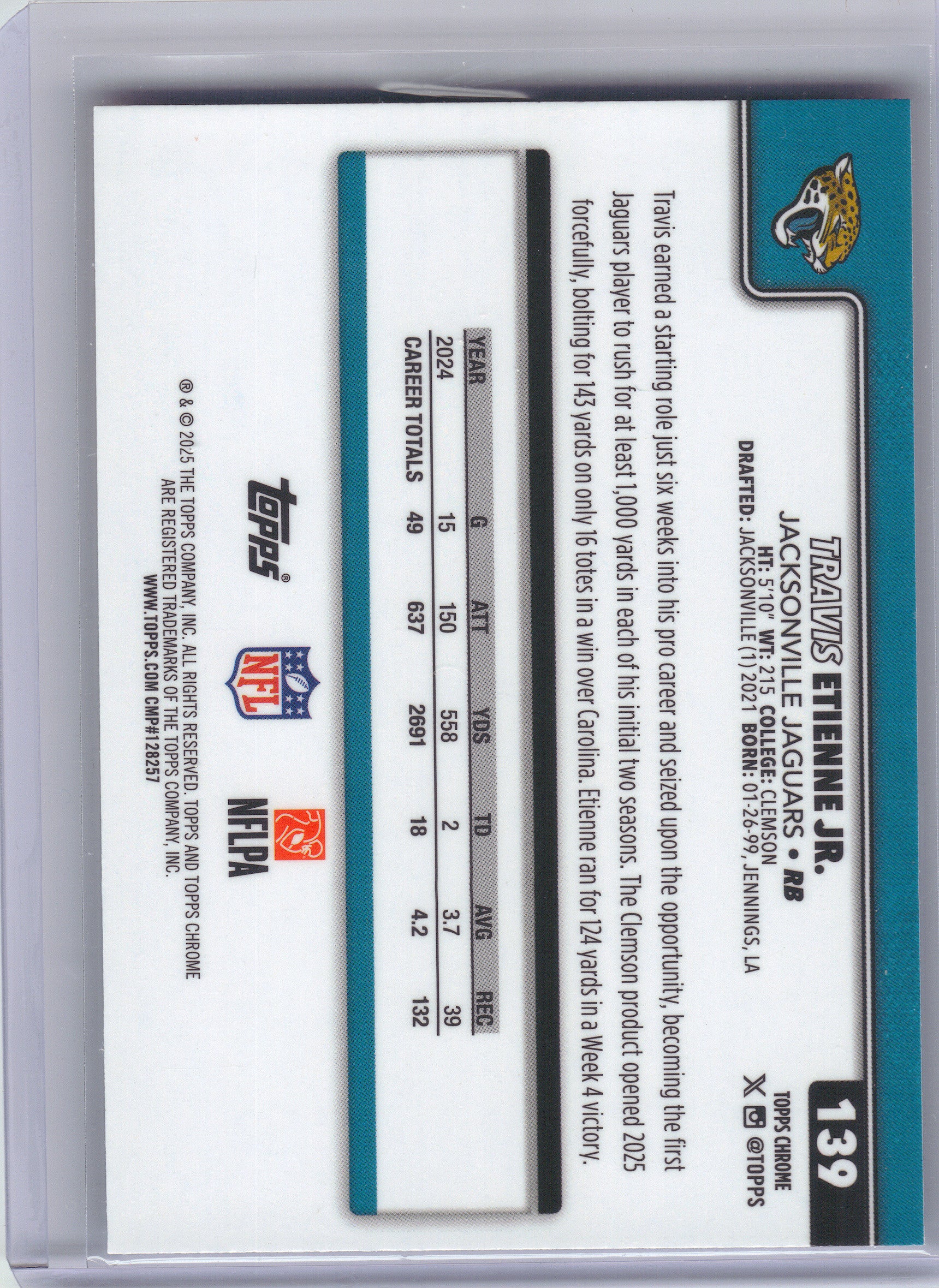 2025 Topps Chrome #139 Travis Etienne Jr. Red White and Blue Refractor Jacksonville Jaguars