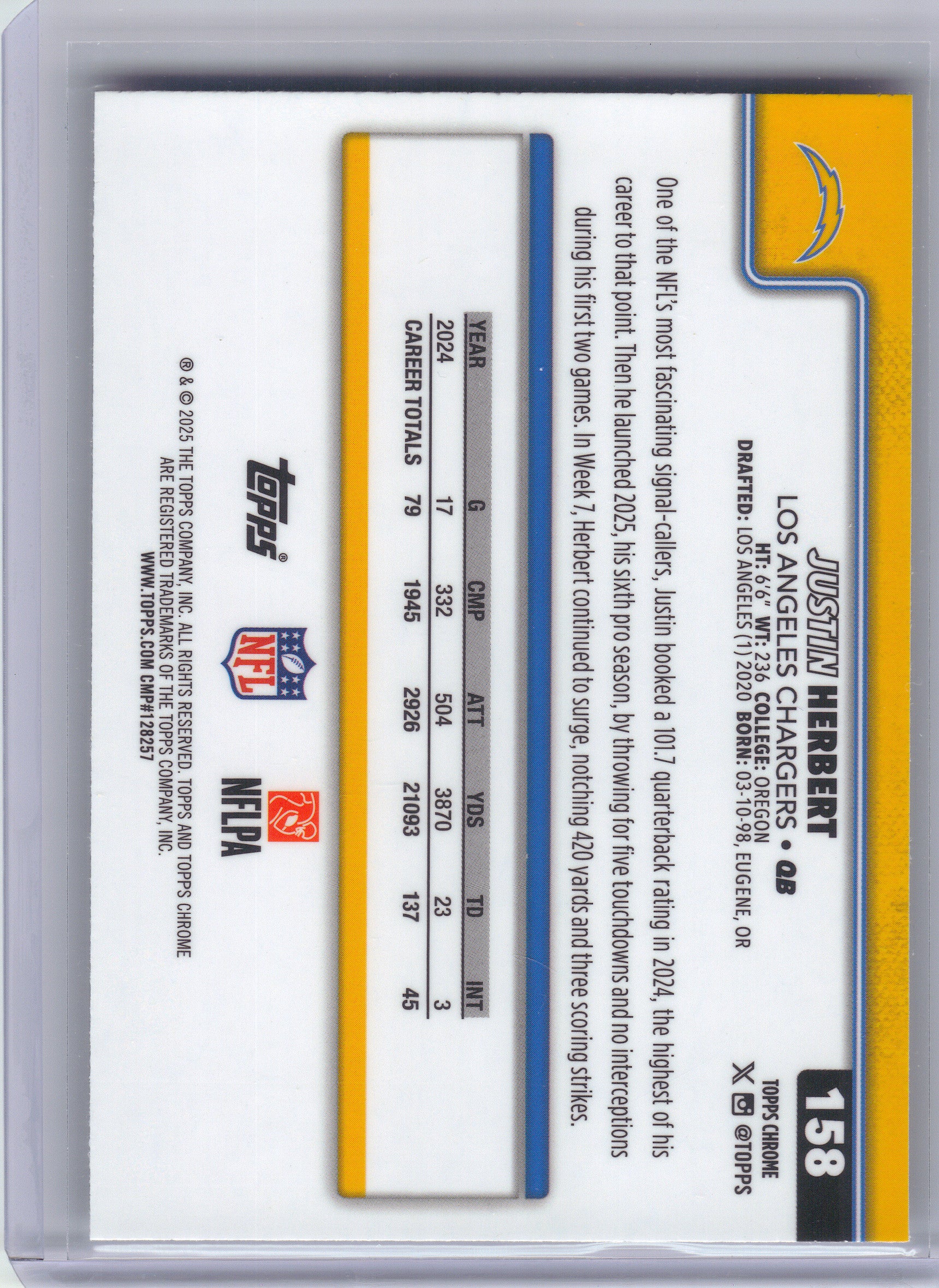 2025 Topps Chrome #158 Justin Herbert Prism Refractor Los Angeles Chargers