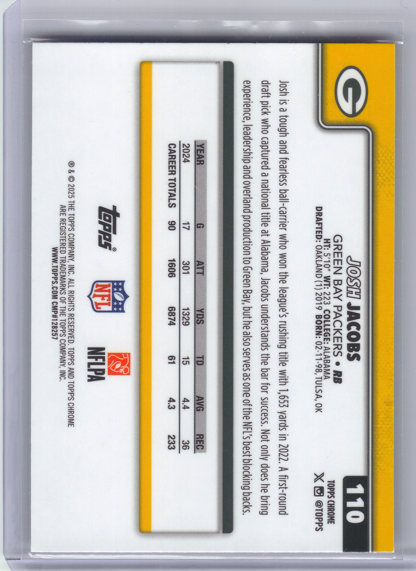 2025 Topps Chrome #110 Josh Jacobs Football Leather Refractor Green Bay Packers