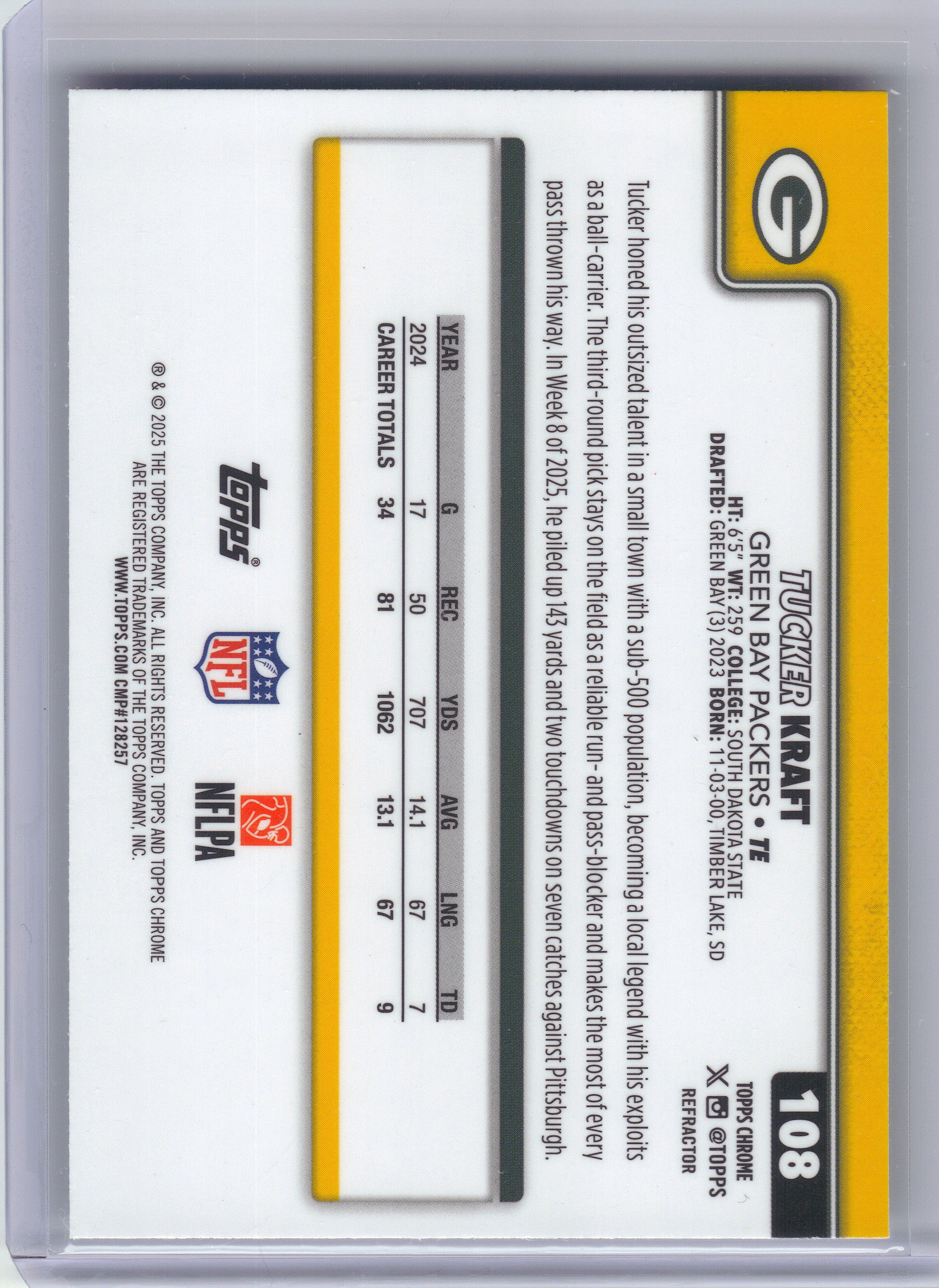 2025 Topps Chrome #108 Tucker Kraft Refractor Green Bay Packers