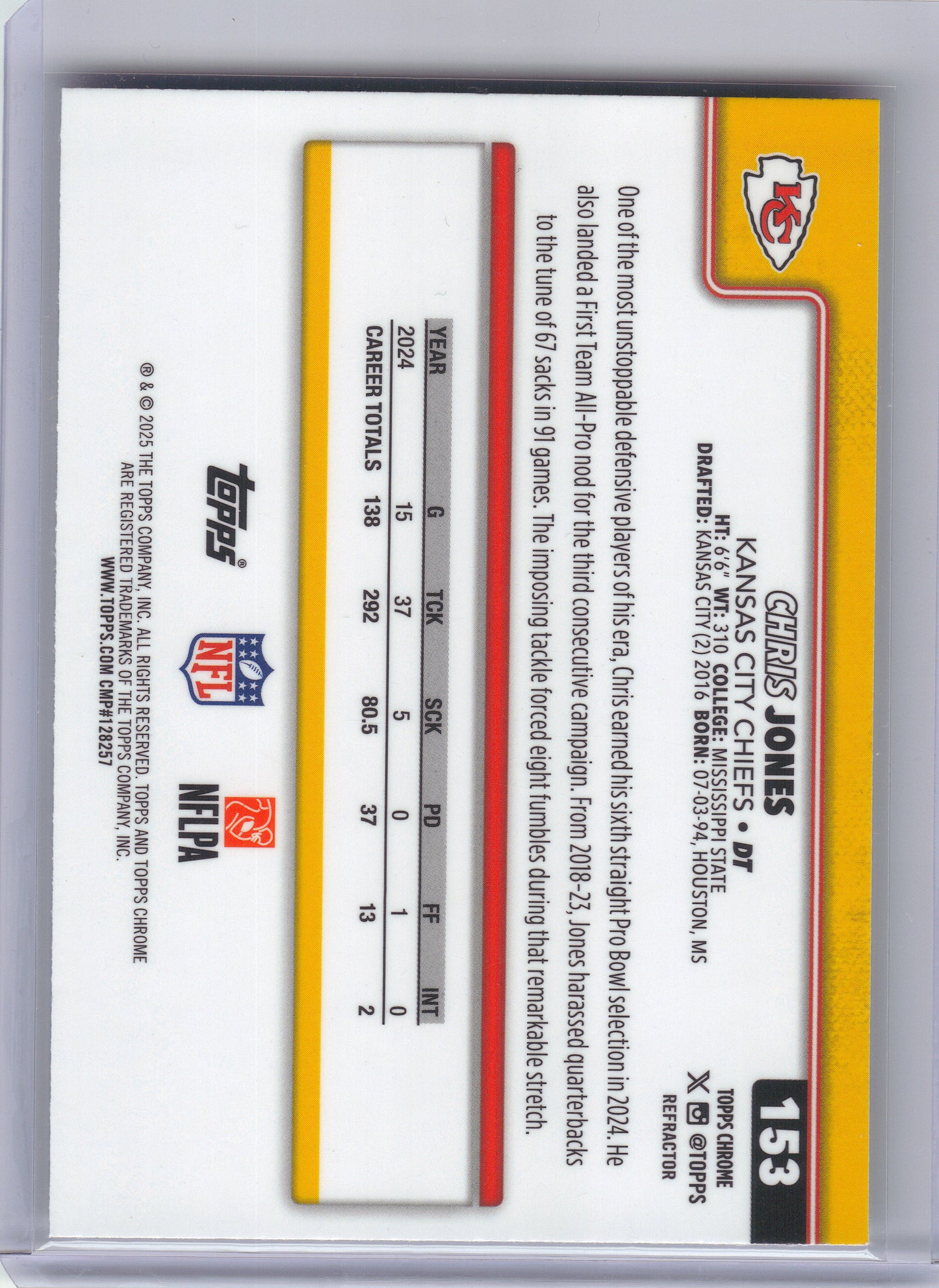 2025 Topps Chrome #153 Chris Jones Refractor Kansas City Chiefs