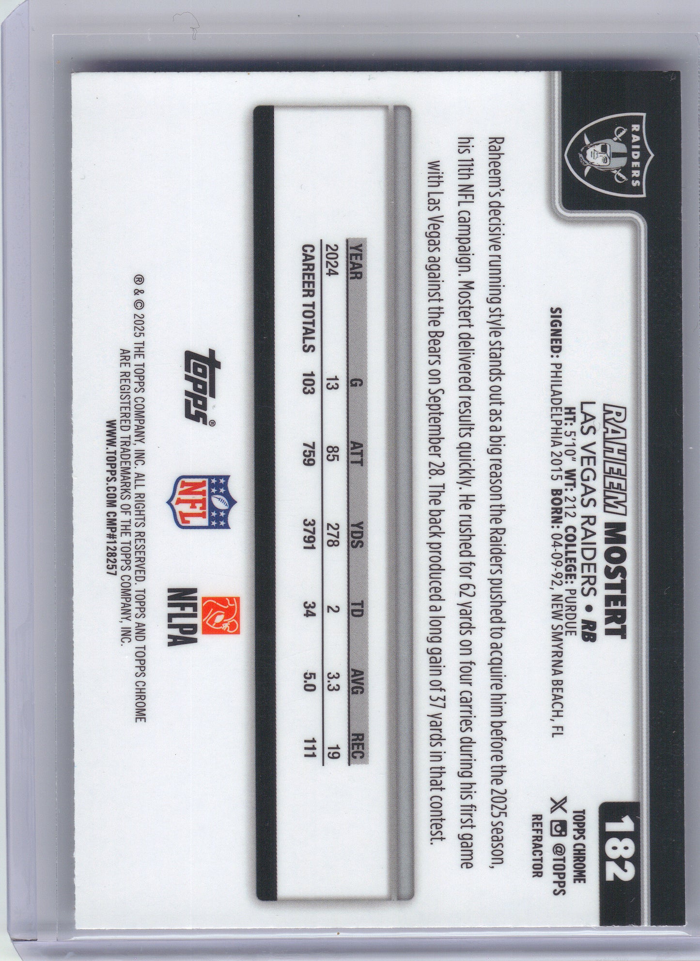 2025 Topps Chrome #182 Raheem Mostert Refractor Las Vegas Raiders
