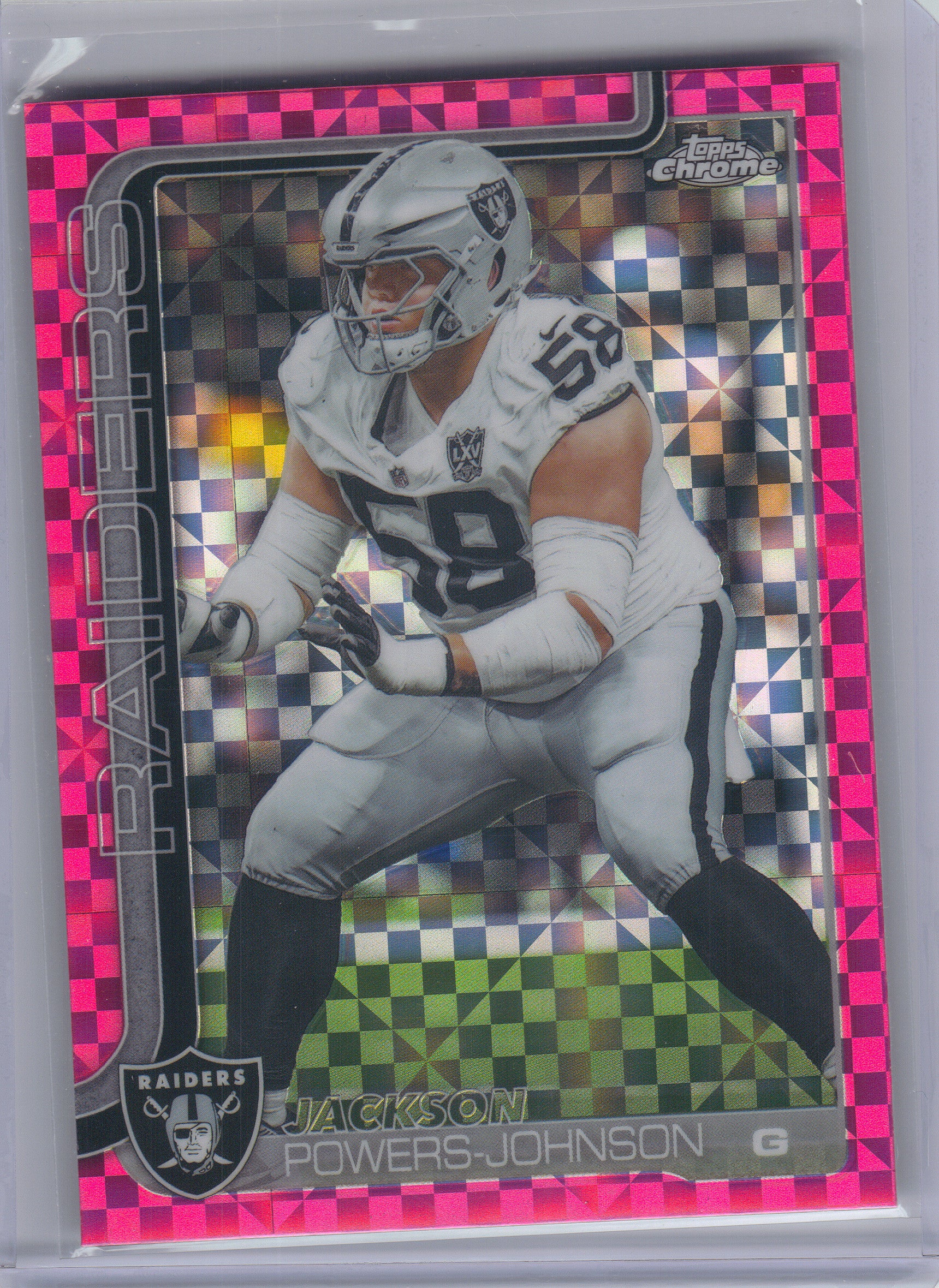 2025 Topps Chrome #177 Jackson Powers-Johnson Hot Pink X-Fractor Las Vegas Raiders