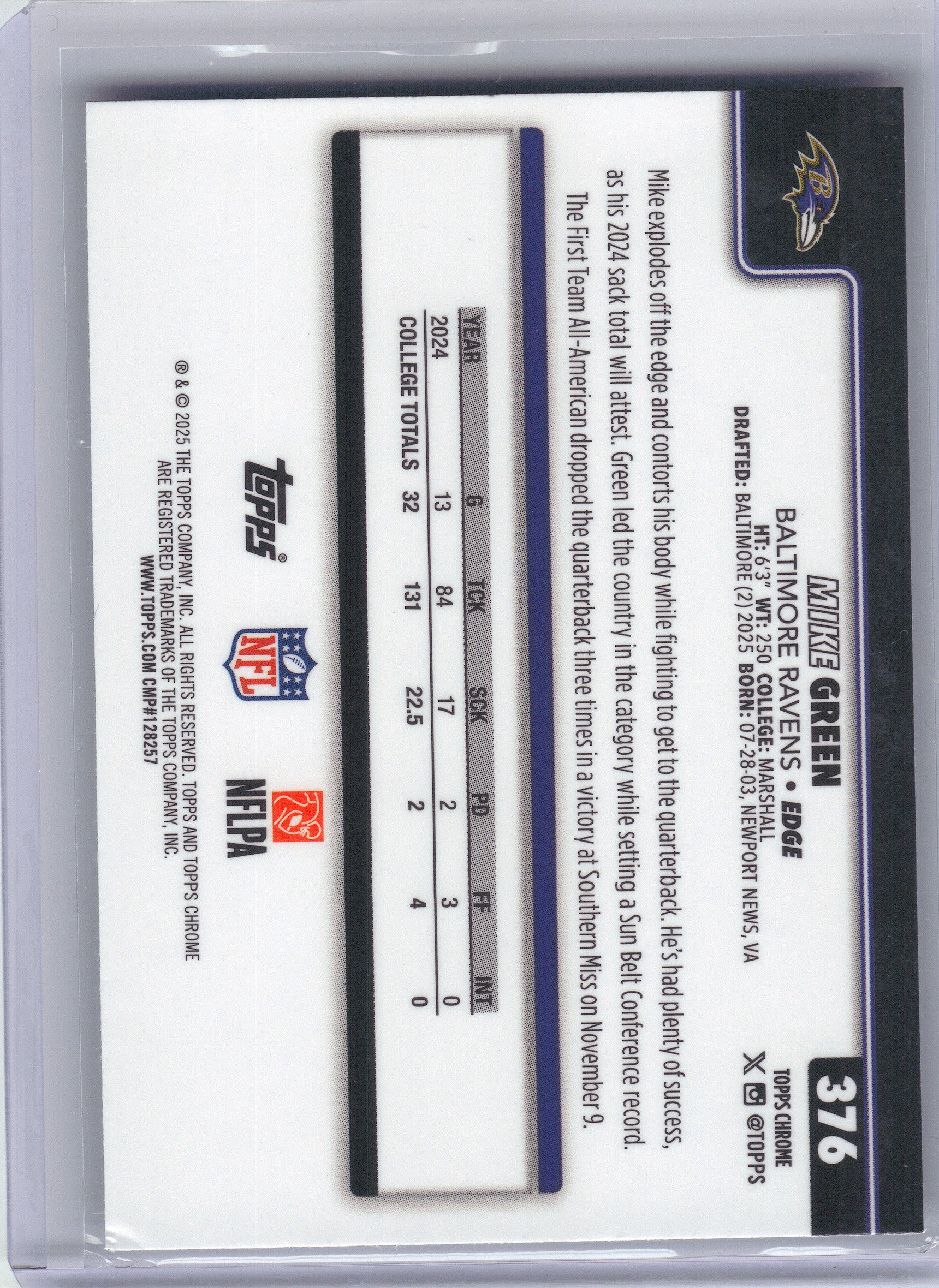 2025 Topps Chrome #376 Mike Green Ray Wave Refractor Baltimore Ravens RC