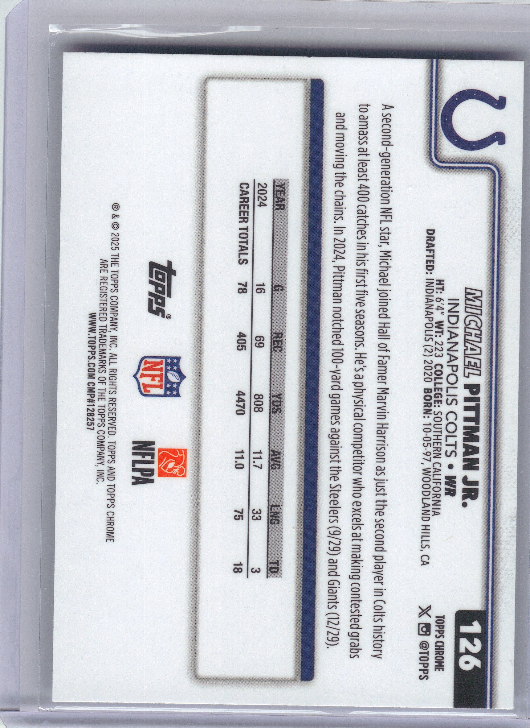 2025 Topps Chrome #126 Michael Pittman Jr. Prism Refractor Indianapolis Colts
