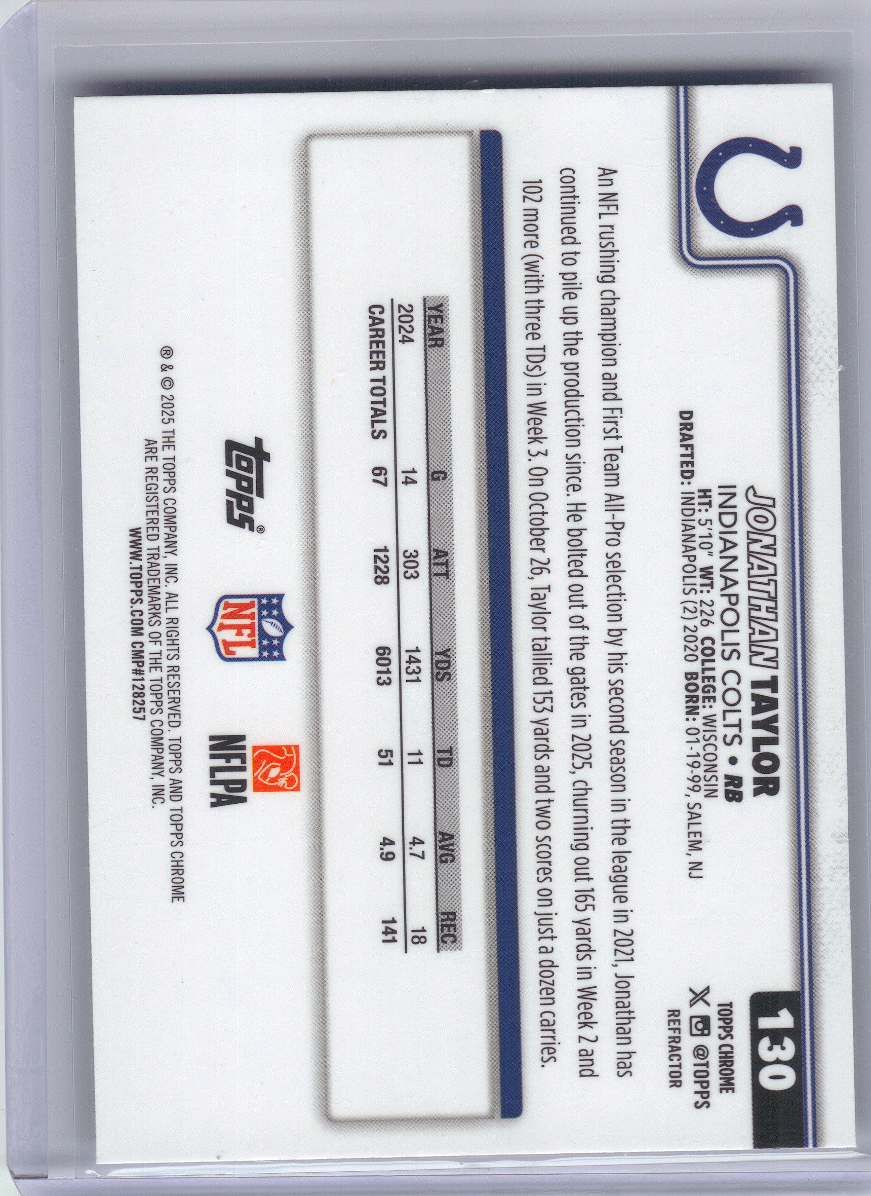 2025 Topps Chrome #130 Jonathan Taylor Refractor Indianapolis Colts