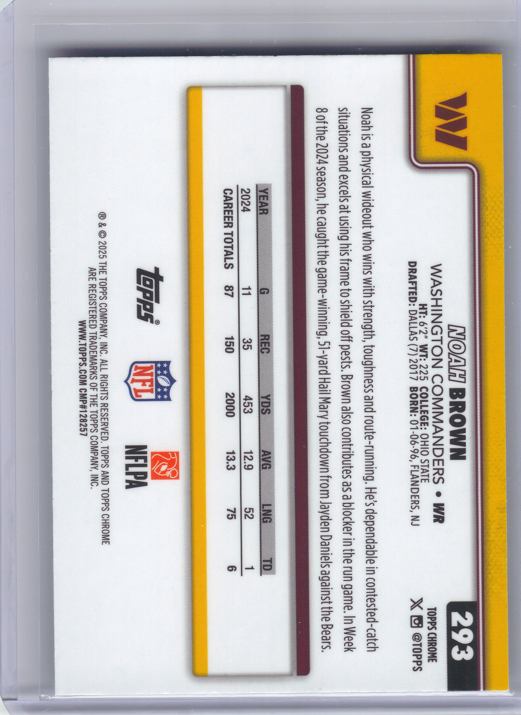2025 Topps Chrome #293 Noah Brown X-Fractor Washington Commanders