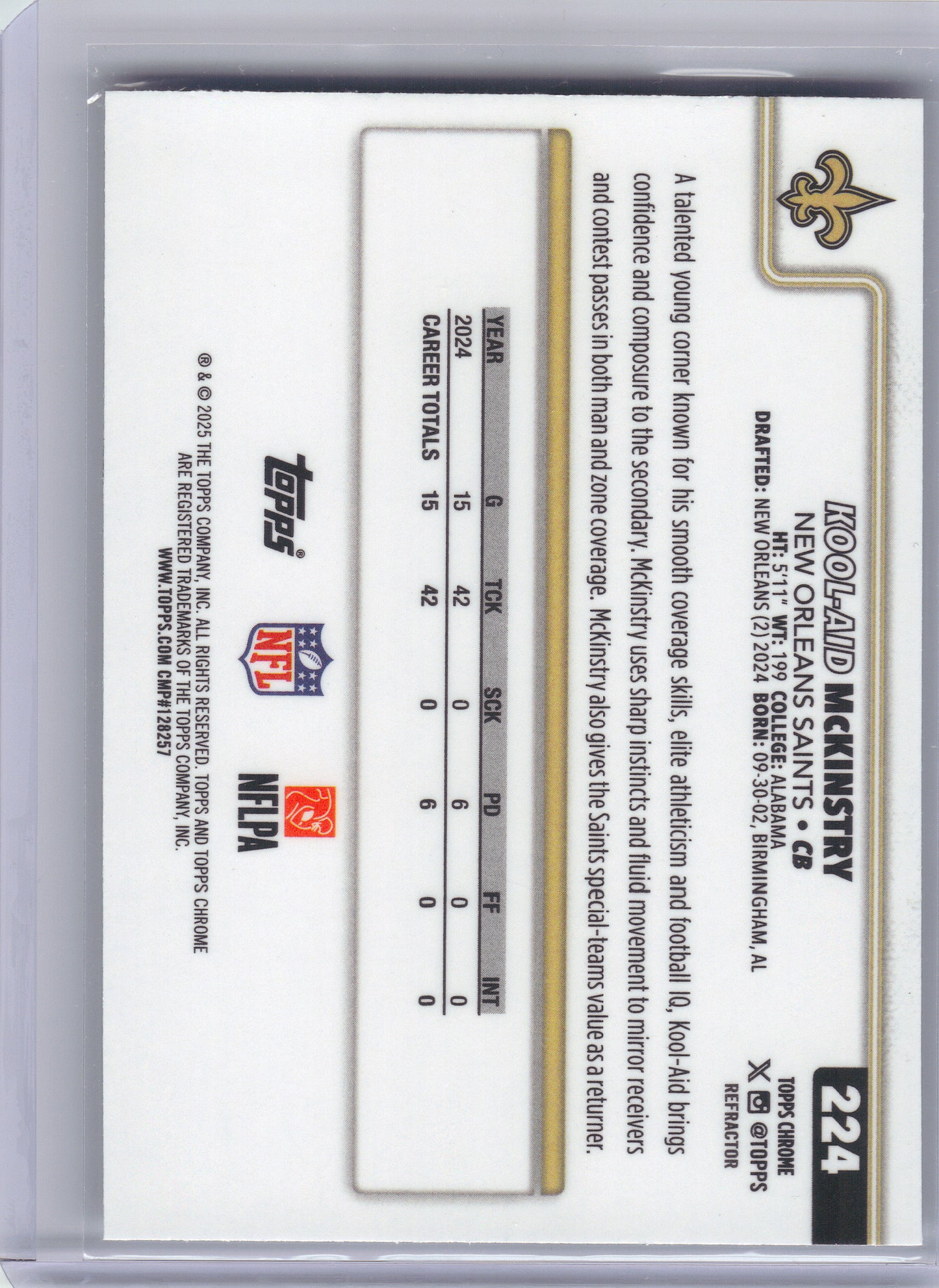 2025 Topps Chrome #224 Kool-Aid McKinstry Refractor New Orleans Saints