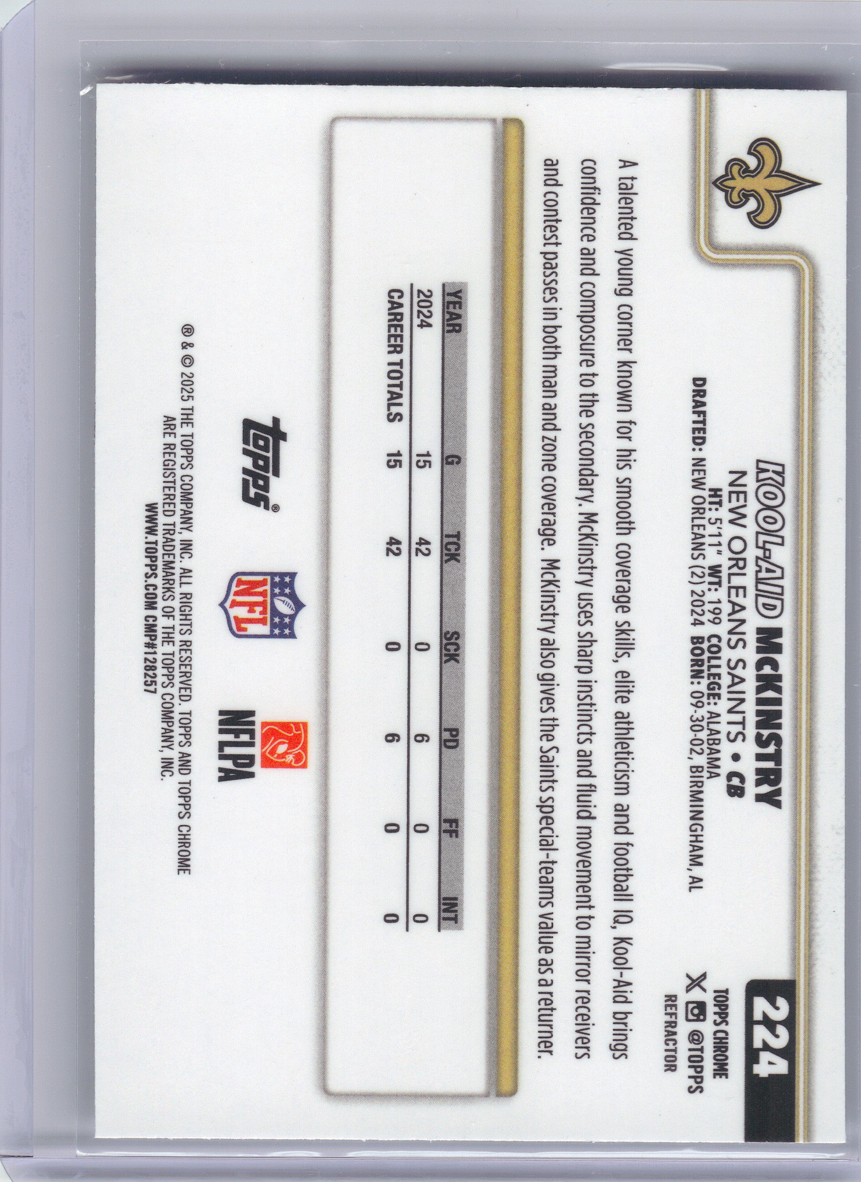2025 Topps Chrome #224 Kool-Aid McKinstry Refractor New Orleans Saints