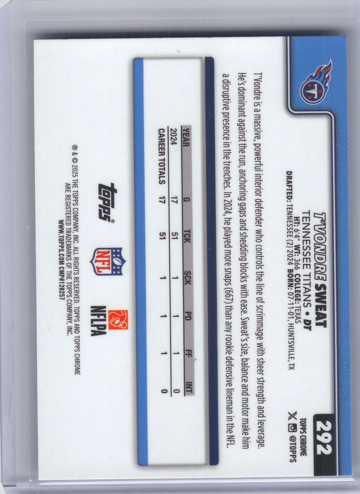2025 Topps Chrome #292 T'Vondre Sweat Pulsar Refractor Tennessee Titans
