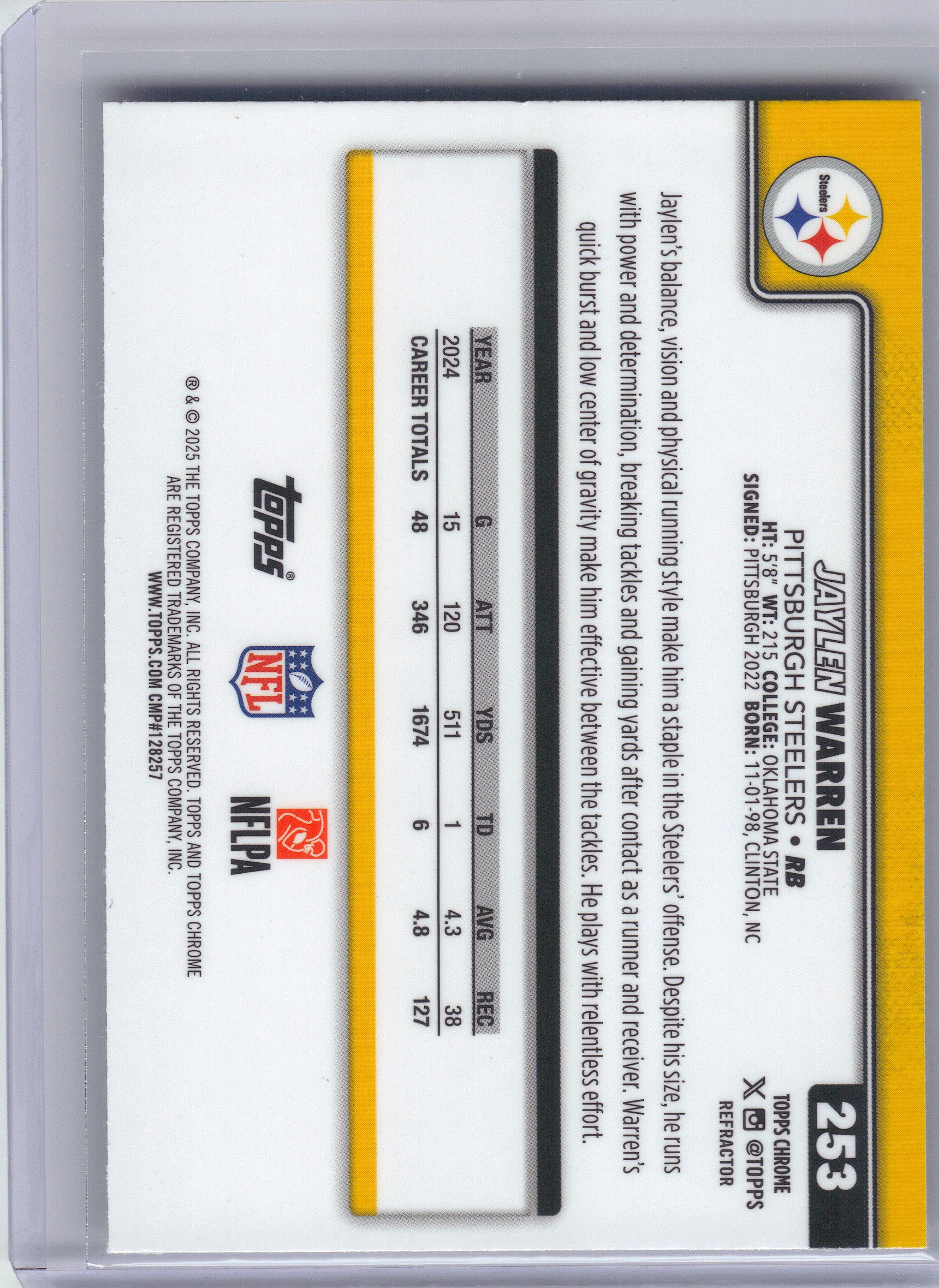 2025 Topps Chrome #253 Jaylen Warren Refractor Pittsburgh Steelers