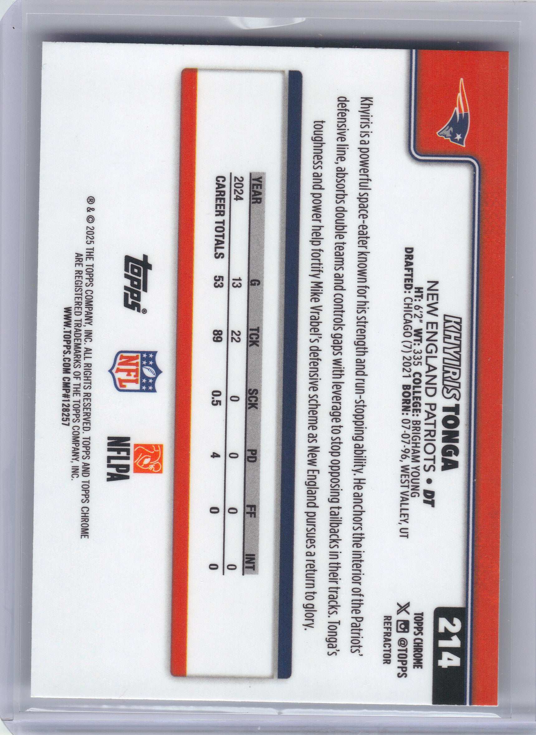 2025 Topps Chrome #214 Khyiris Tonga Refractor New England Patriots