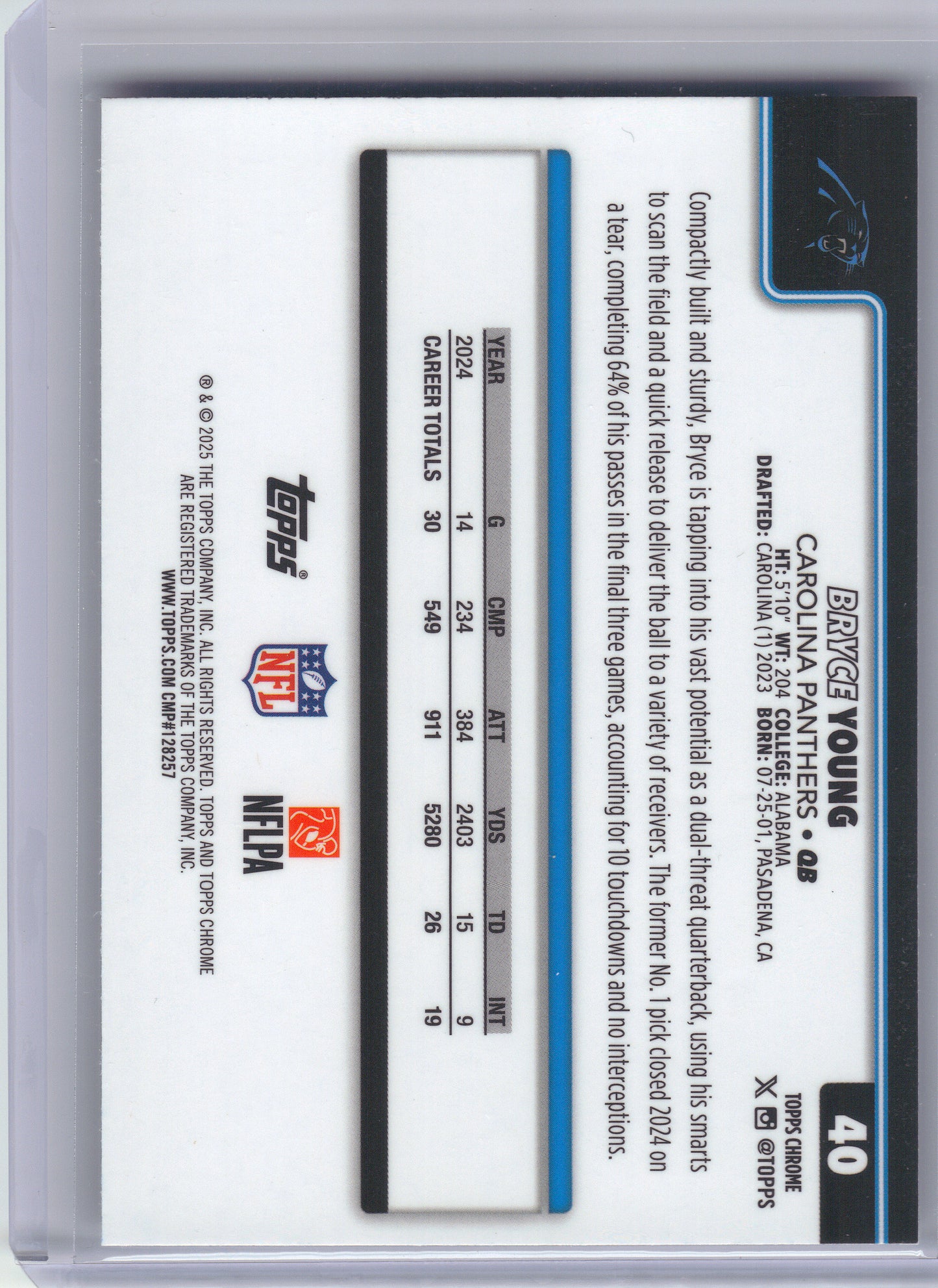 2025 Topps Chrome #40 Bryce Young Pulsar Refractor Carolina Panthers