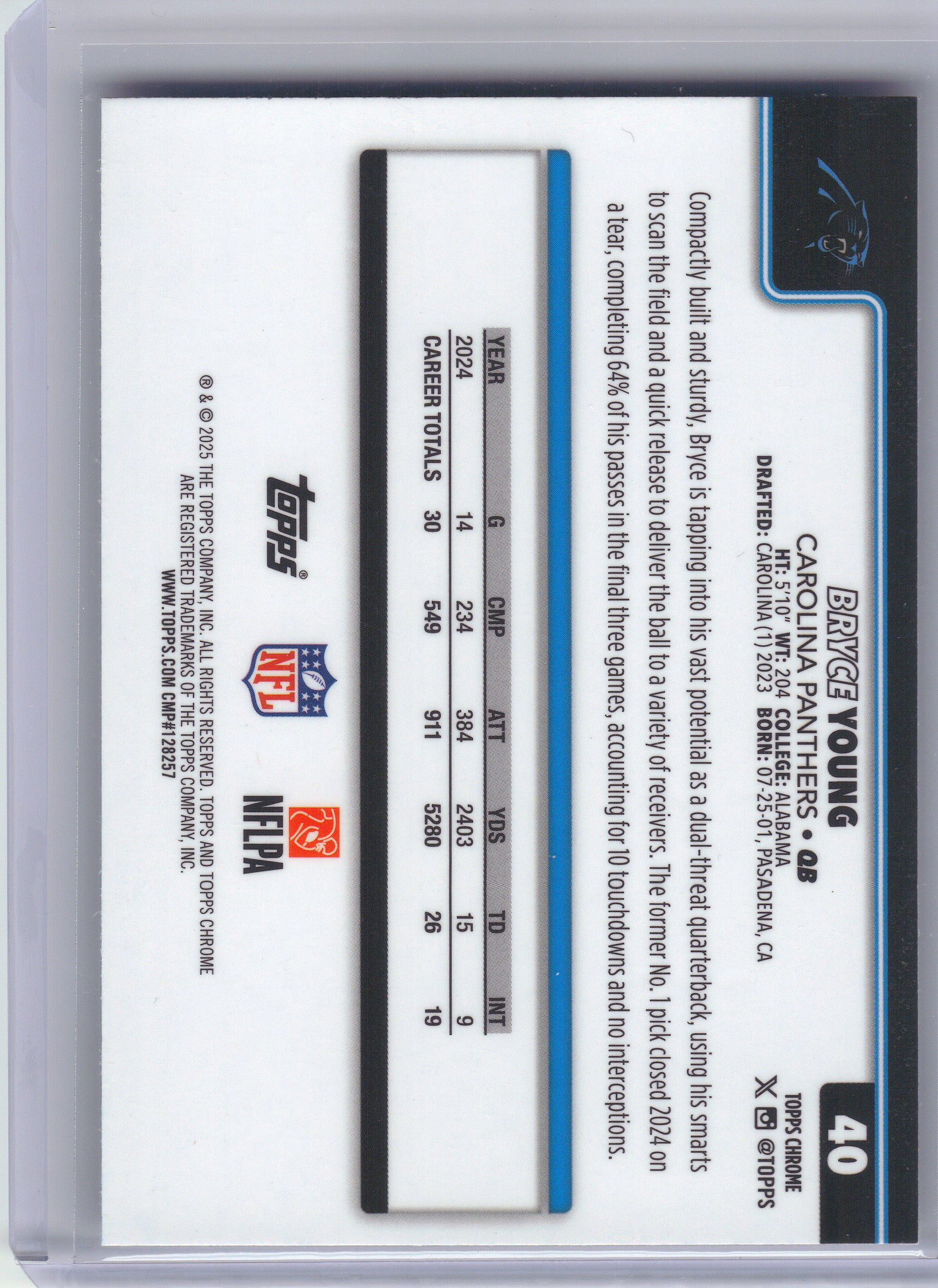 2025 Topps Chrome #40 Bryce Young Pulsar Refractor Carolina Panthers