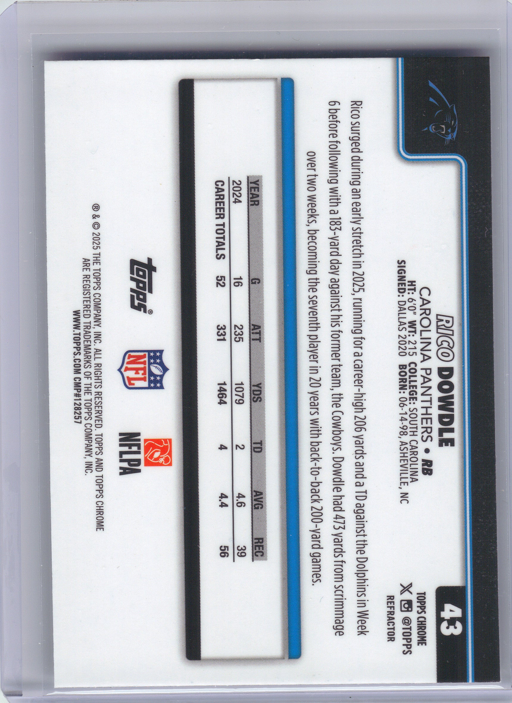 2025 Topps Chrome #43 Rico Dowdle Refractor Carolina Panthers