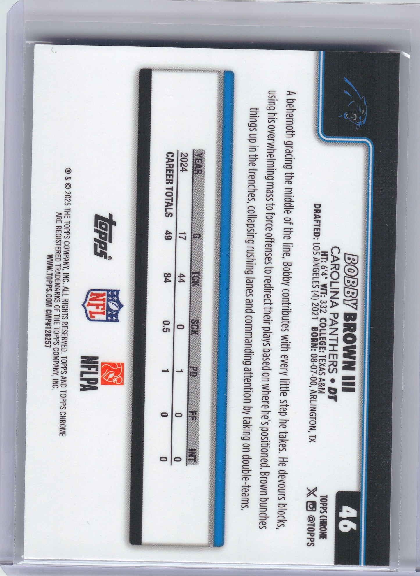 2025 Topps Chrome #46 Bobby Brown III Pulsar Refractor Carolina Panthers