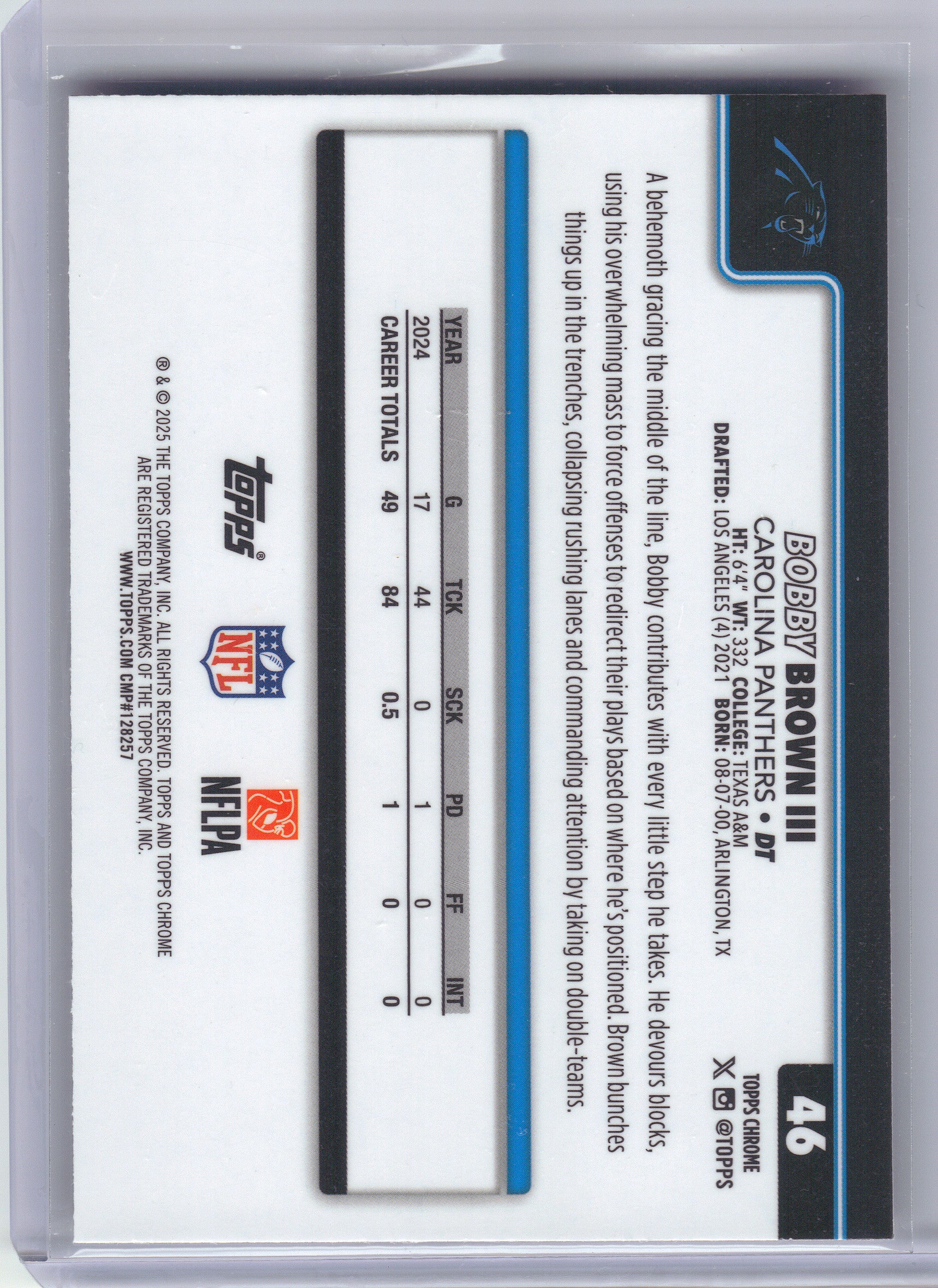 2025 Topps Chrome #46 Bobby Brown III Football Leather Refractor Carolina Panthers