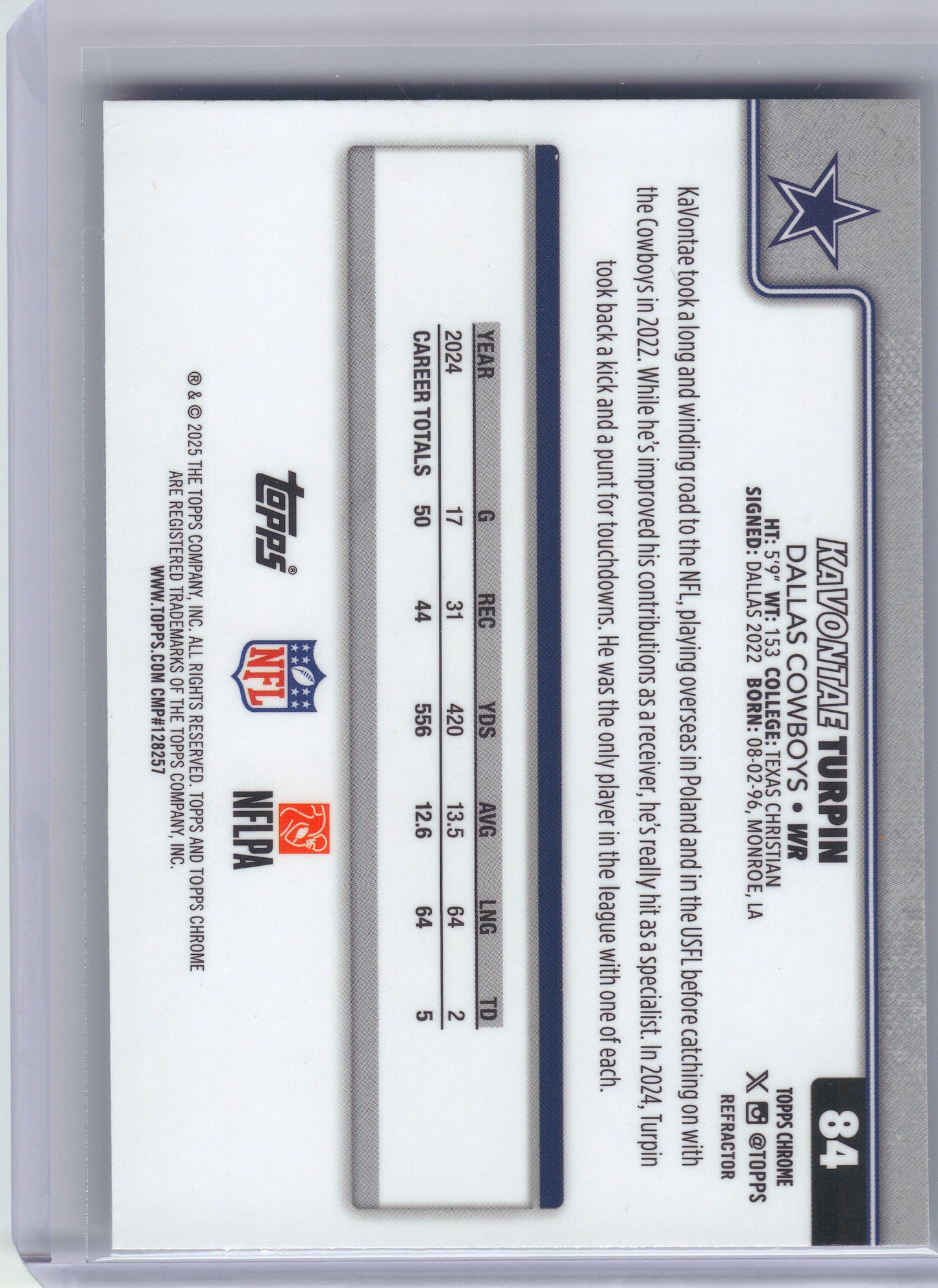2025 Topps Chrome #84 KaVontae Turpin Refractor Dallas Cowboys